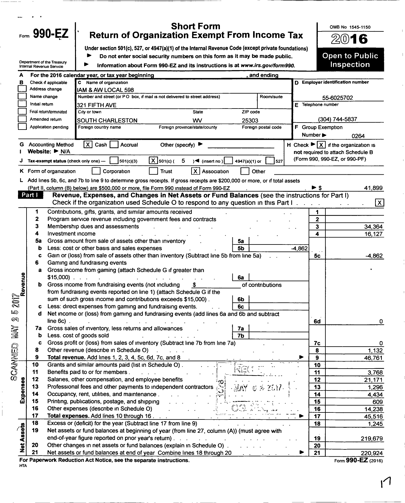 Image of first page of 2016 Form 990EO for International Association of Machinists and Aerospace Workers - 598