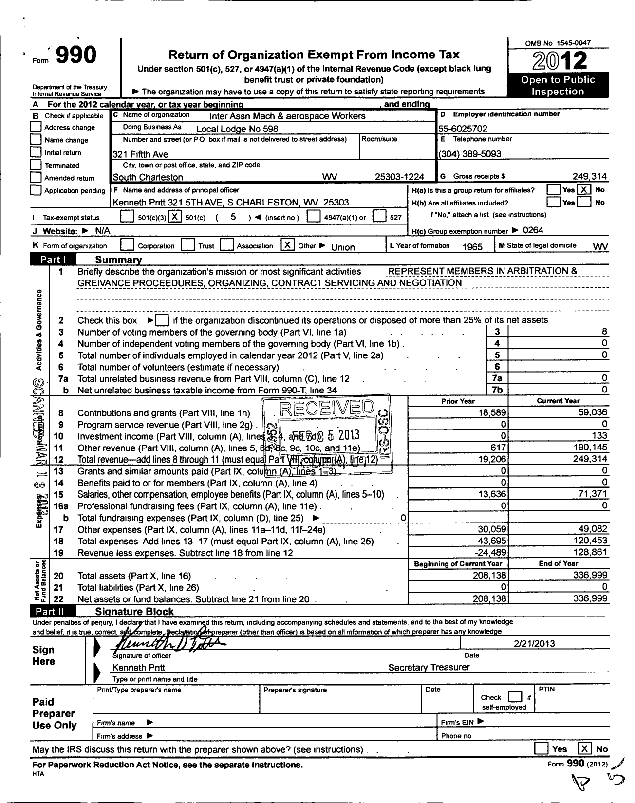 Image of first page of 2012 Form 990O for International Association of Machinists and Aerospace Workers - 598