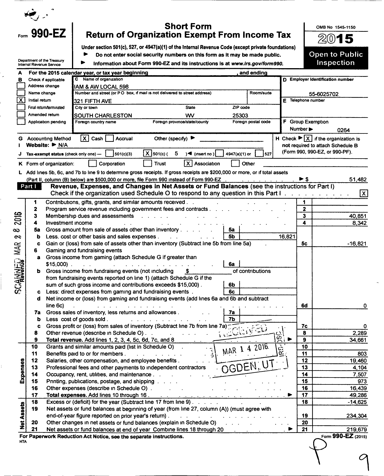 Image of first page of 2015 Form 990EO for International Association of Machinists and Aerospace Workers - 598