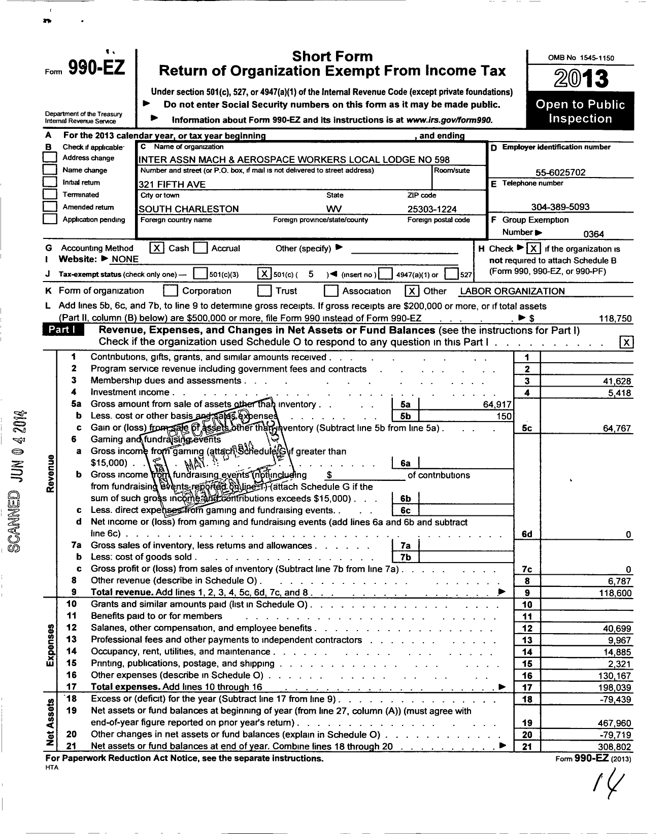 Image of first page of 2013 Form 990EO for International Association of Machinists and Aerospace Workers - 598