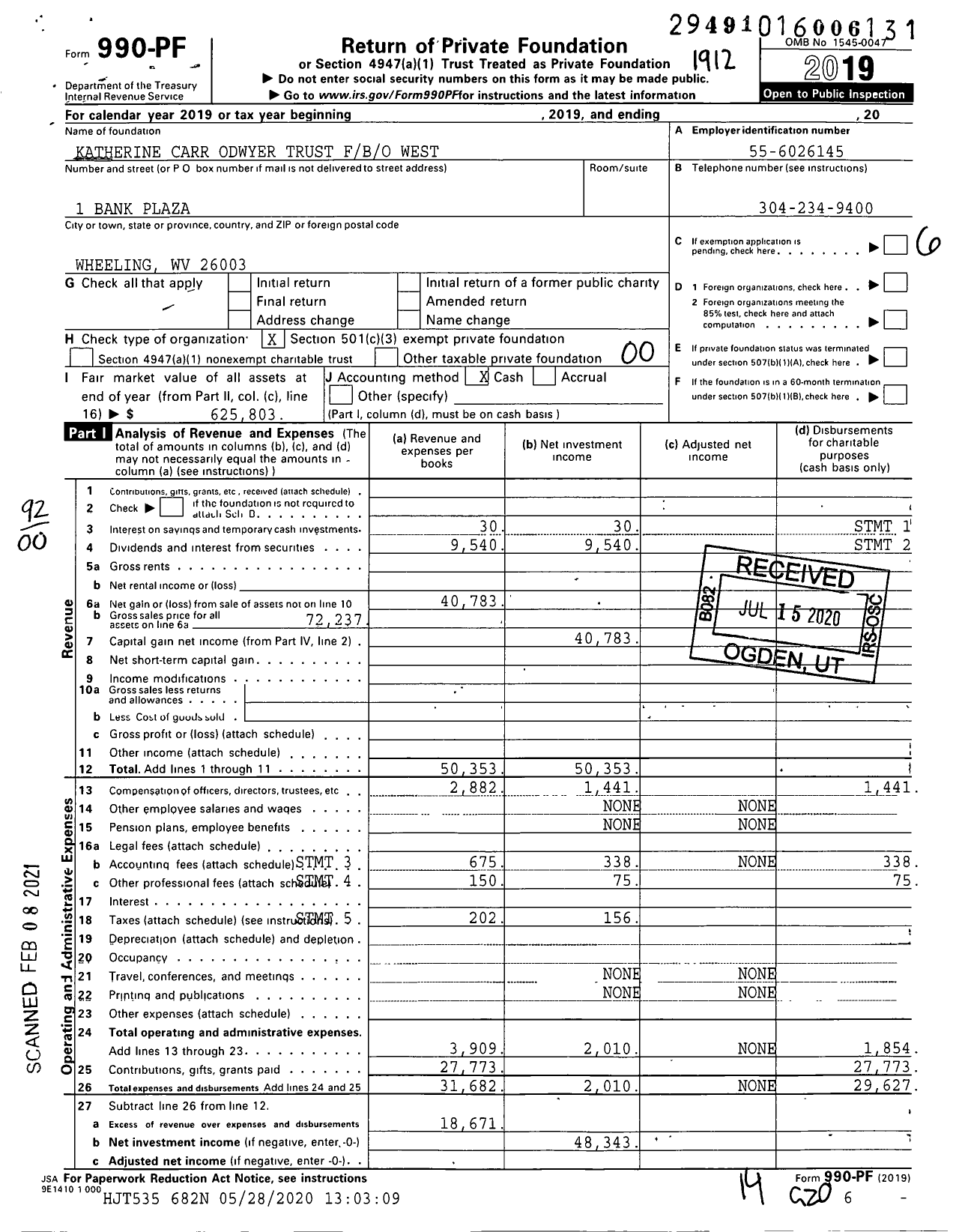 Image of first page of 2019 Form 990PF for Katherine Carr Odwyer Trust Fbo West