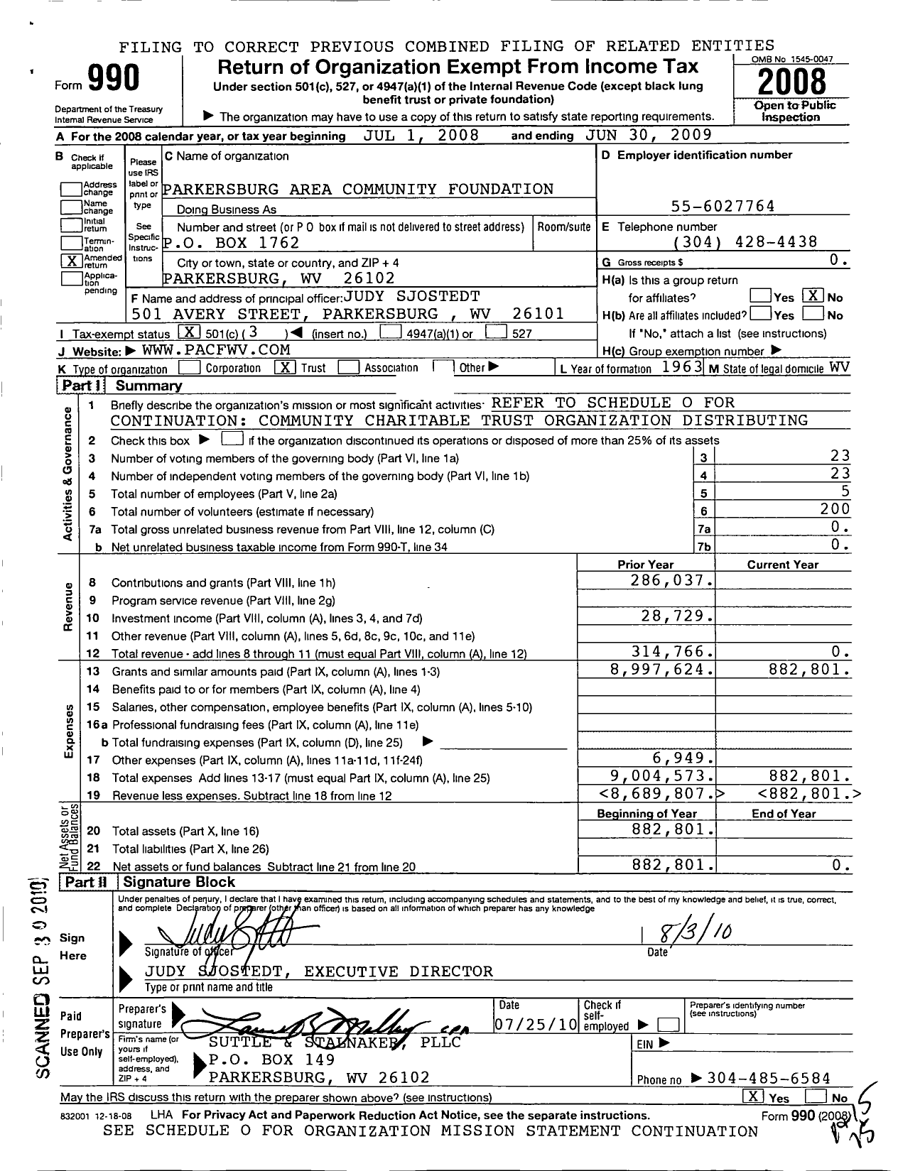 Image of first page of 2008 Form 990 for Parkersburg Area Community Foundation
