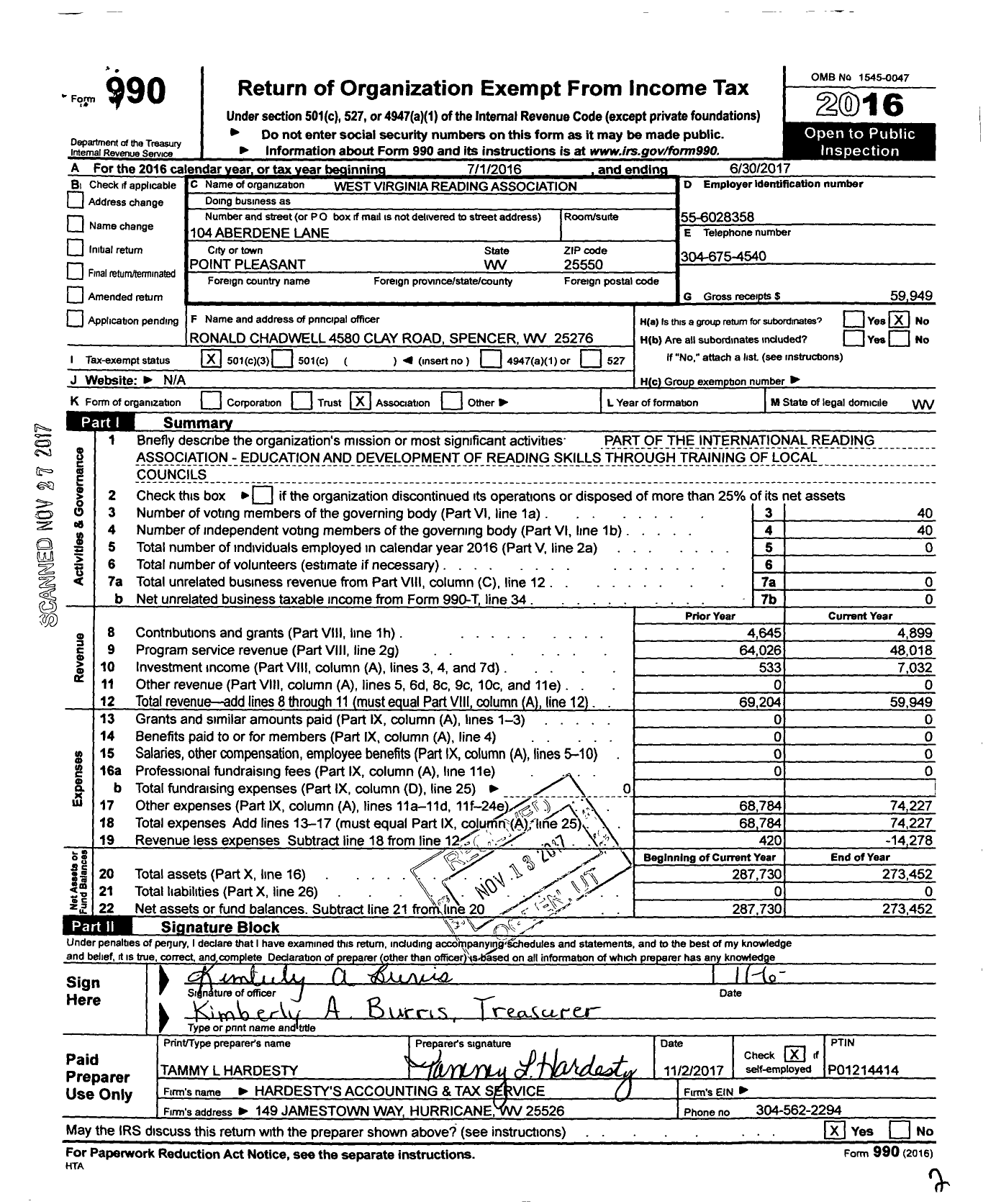 Image of first page of 2016 Form 990 for West Virginia Reading Association / 54s01 West Virginia Reading Assoc