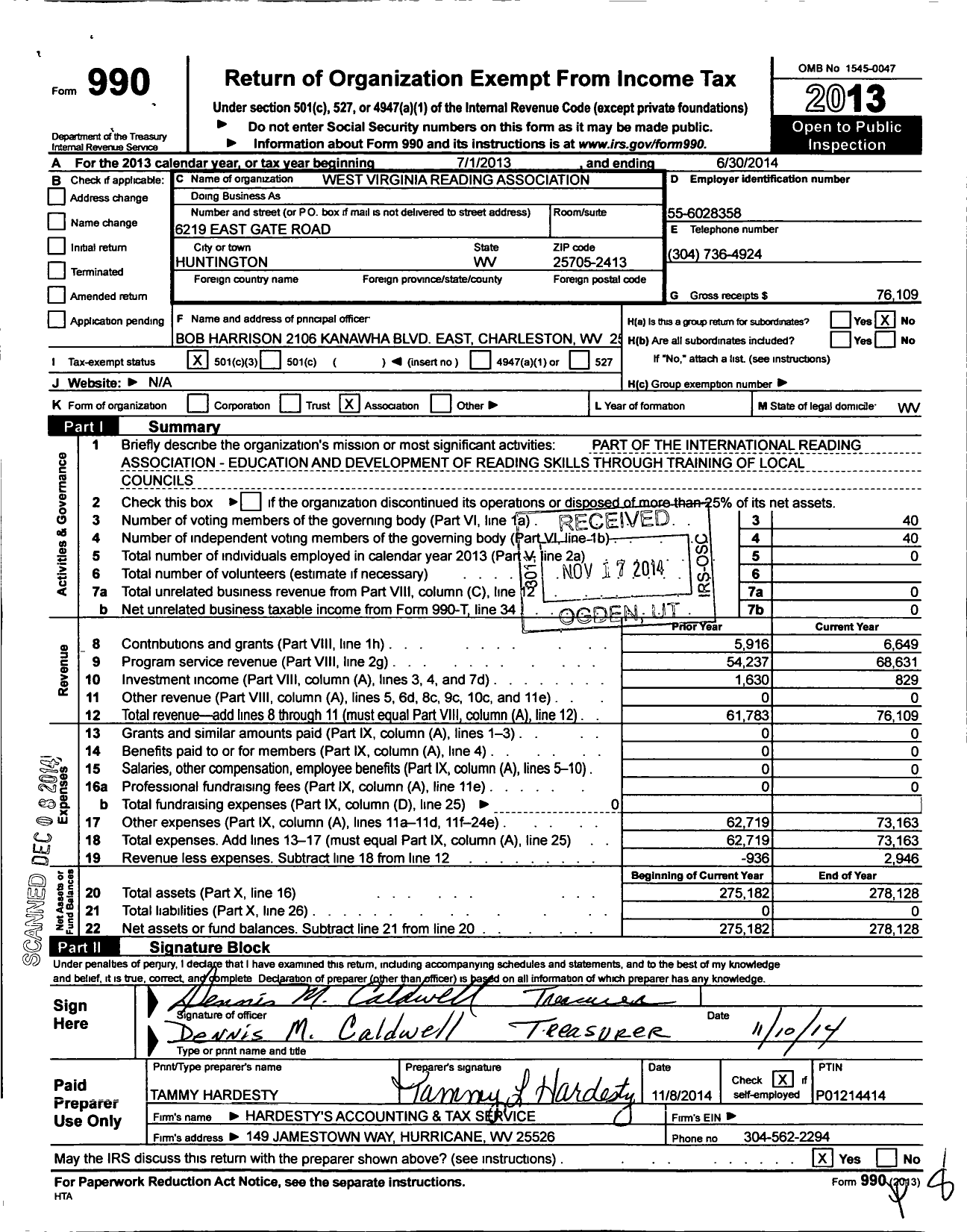 Image of first page of 2013 Form 990 for West Virginia Reading Association / 54s01 West Virginia Reading Assoc