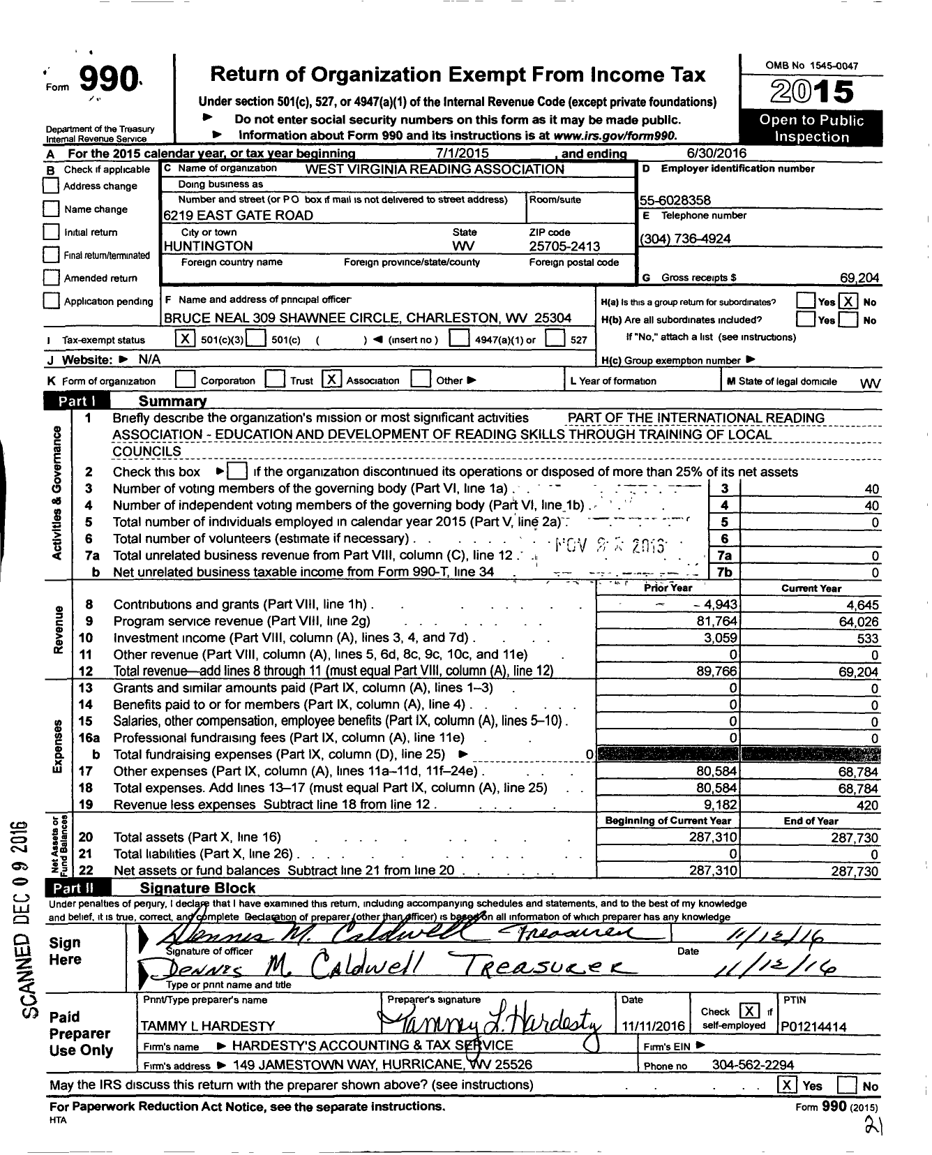 Image of first page of 2015 Form 990 for West Virginia Reading Association / 54s01 West Virginia Reading Assoc