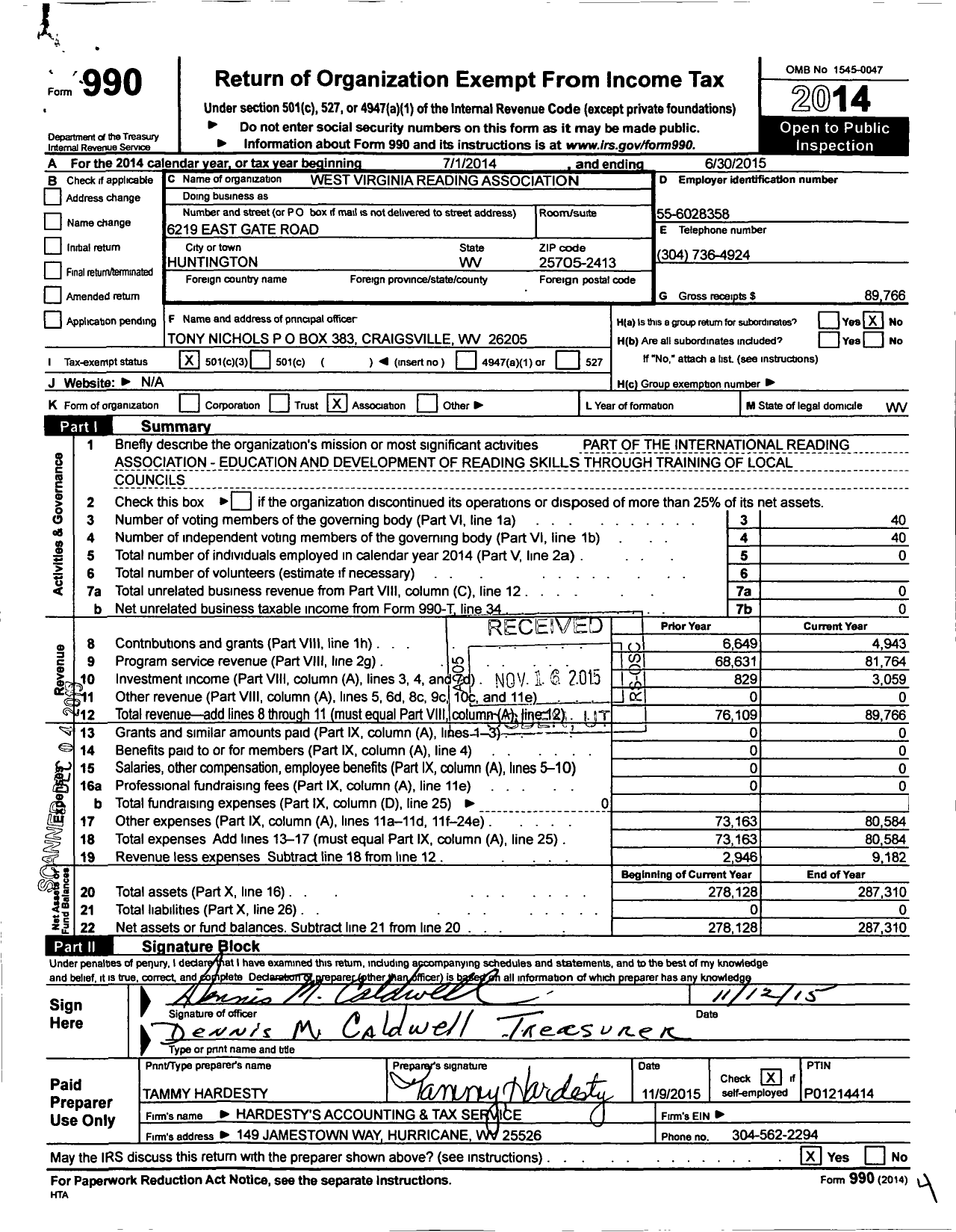 Image of first page of 2014 Form 990 for West Virginia Reading Association / 54s01 West Virginia Reading Assoc