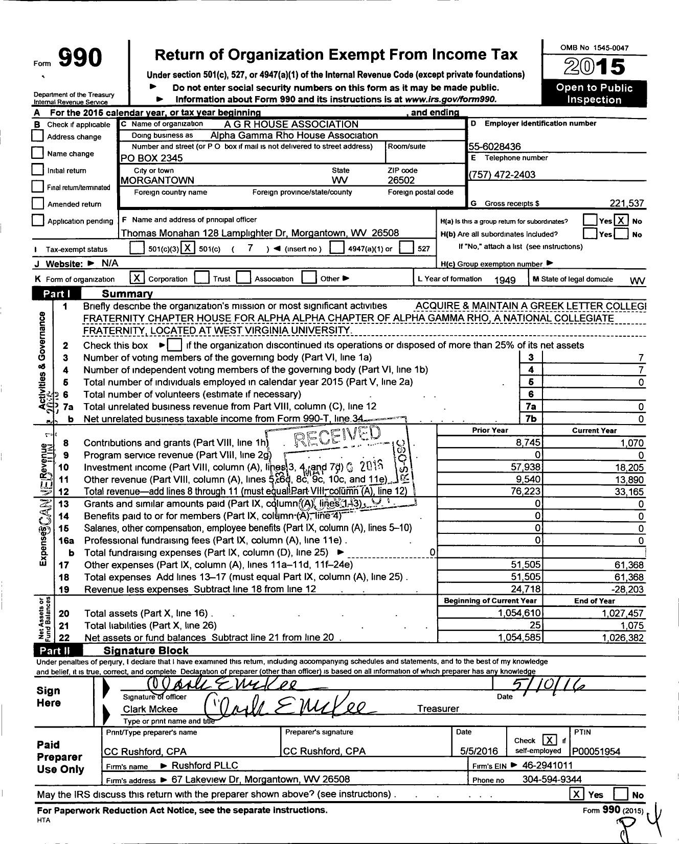 Image of first page of 2015 Form 990O for Alpha Gamma Rho House Association