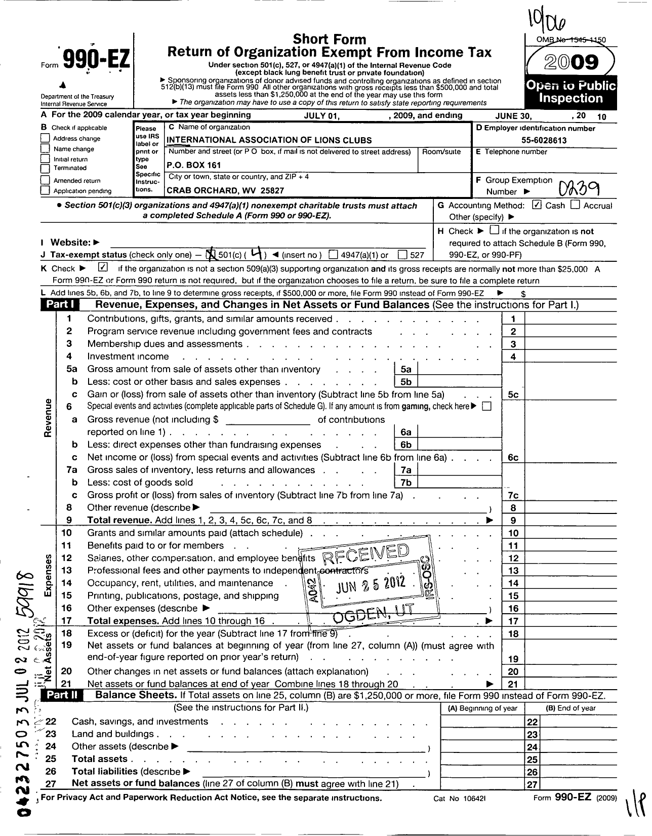 Image of first page of 2009 Form 990EO for Lions Clubs - 11067 Crab Orchard Macarthur