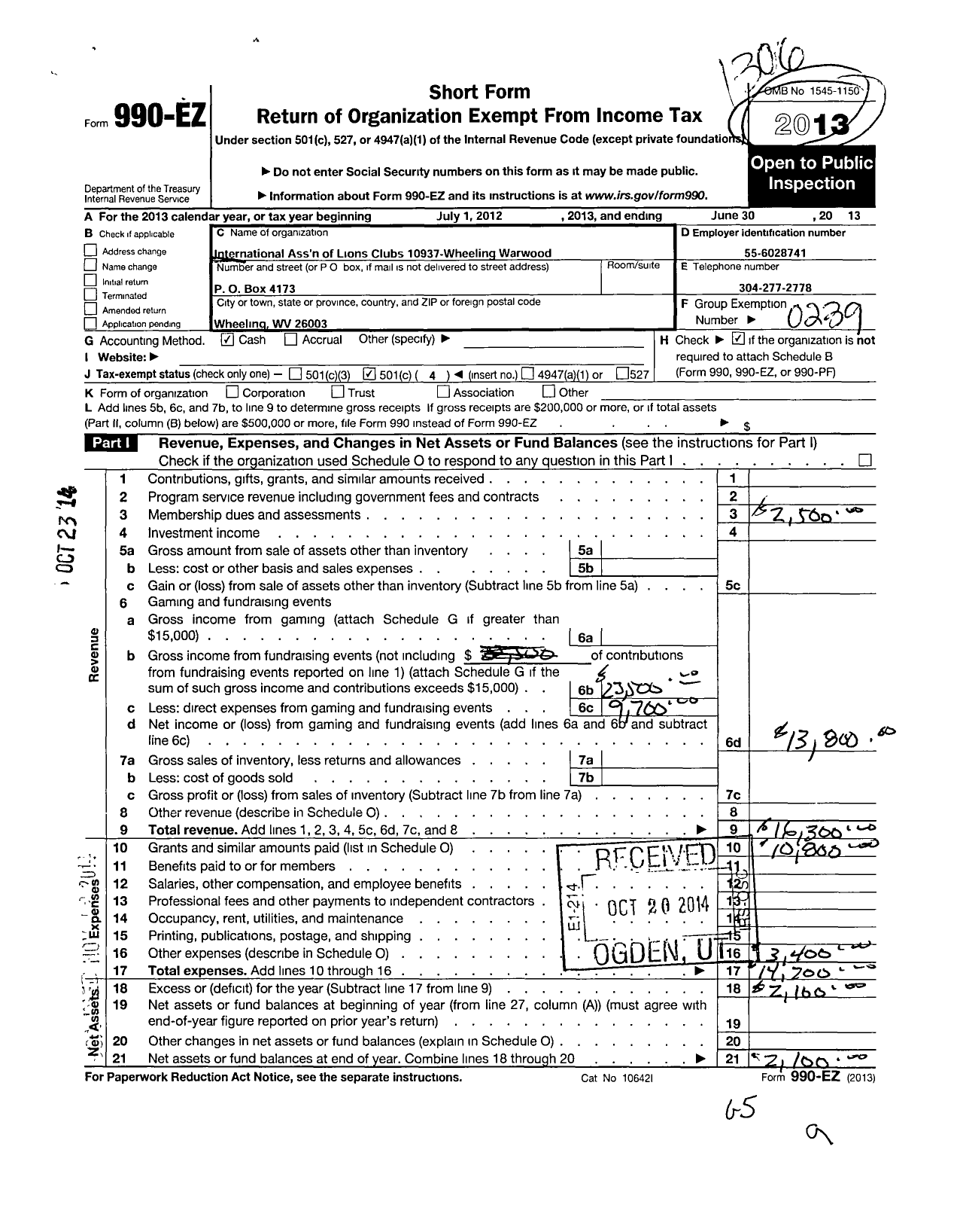 Image of first page of 2012 Form 990EO for Lions Clubs - 10937 Wheeling Warwood