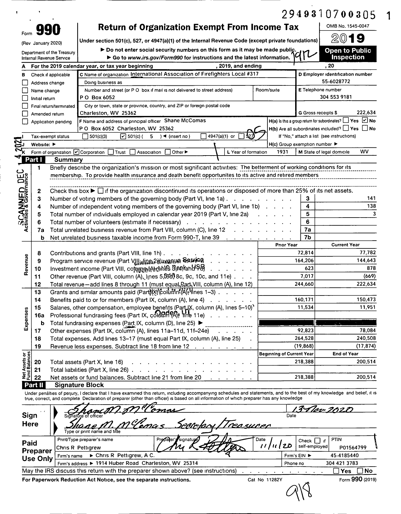 Image of first page of 2019 Form 990O for International Association of Fire Fighters - L0317 Charleston