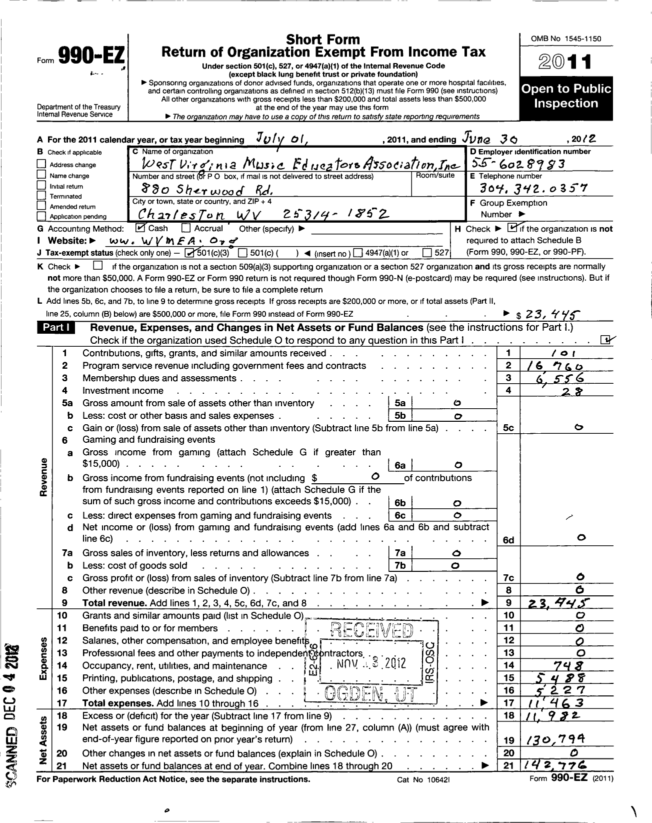 Image of first page of 2011 Form 990EZ for West Virginia Music Educators Association