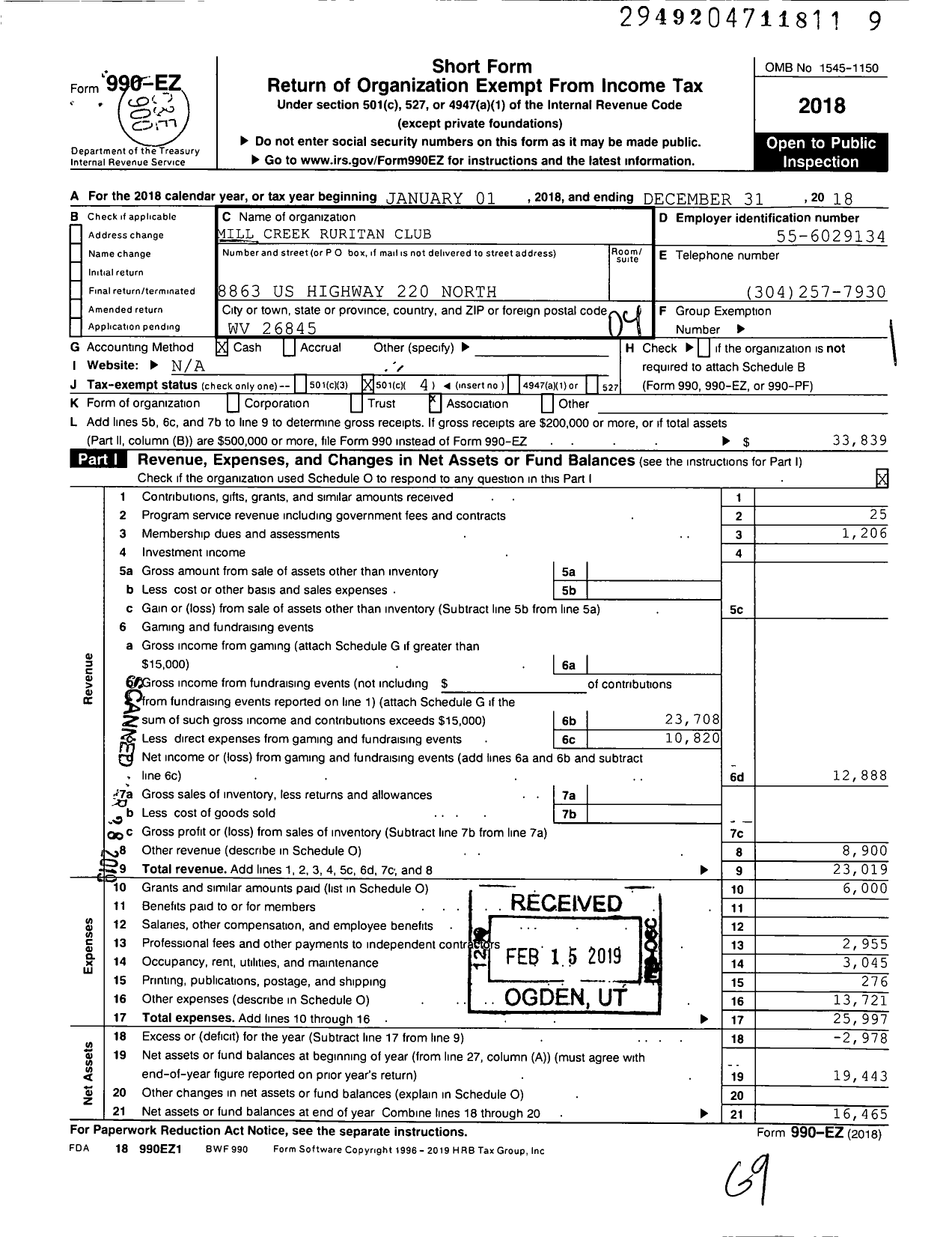 Image of first page of 2018 Form 990EO for Ruritan - Mill Creek