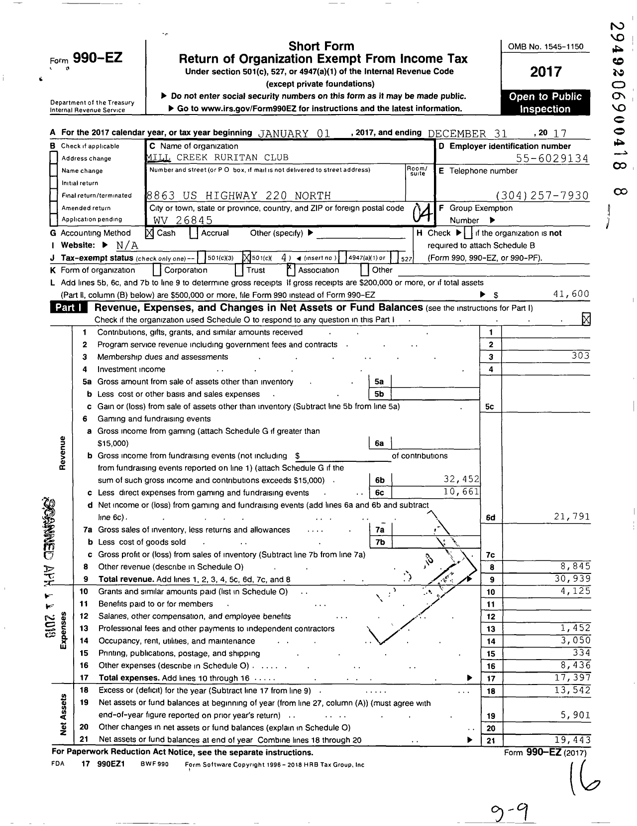 Image of first page of 2017 Form 990EO for Ruritan - Mill Creek