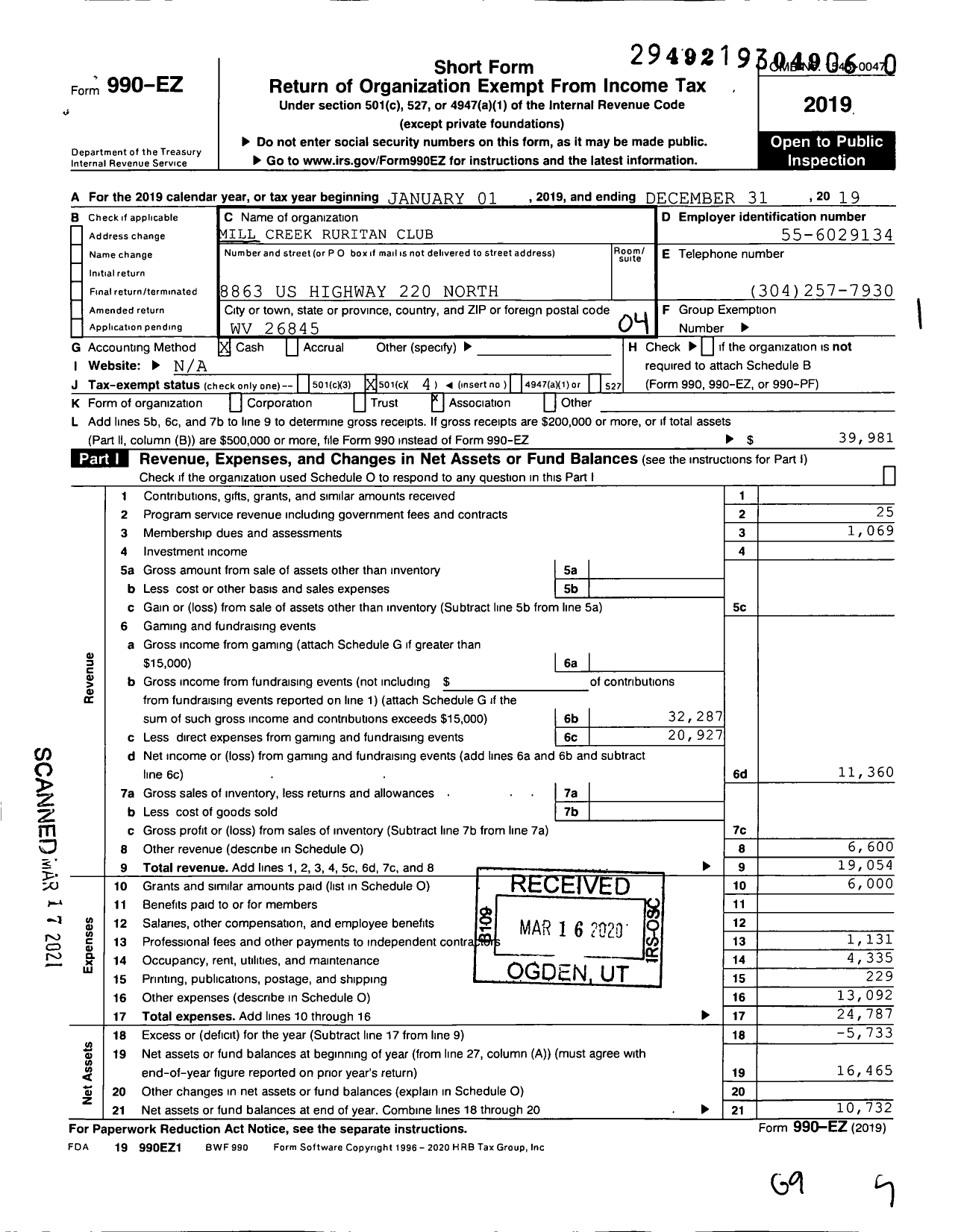 Image of first page of 2019 Form 990EO for Ruritan - Mill Creek