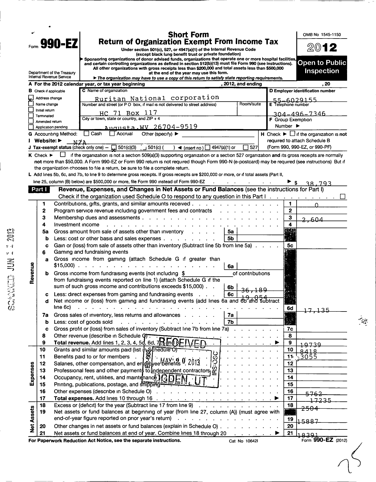 Image of first page of 2012 Form 990EZ for Ruritan - Augusta W Va