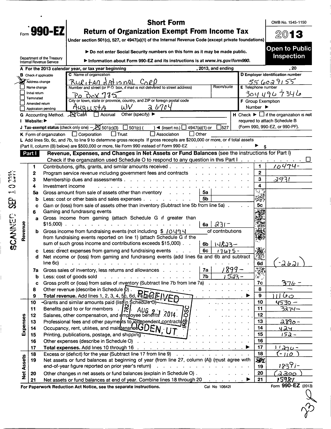 Image of first page of 2013 Form 990EZ for Ruritan - Augusta W Va