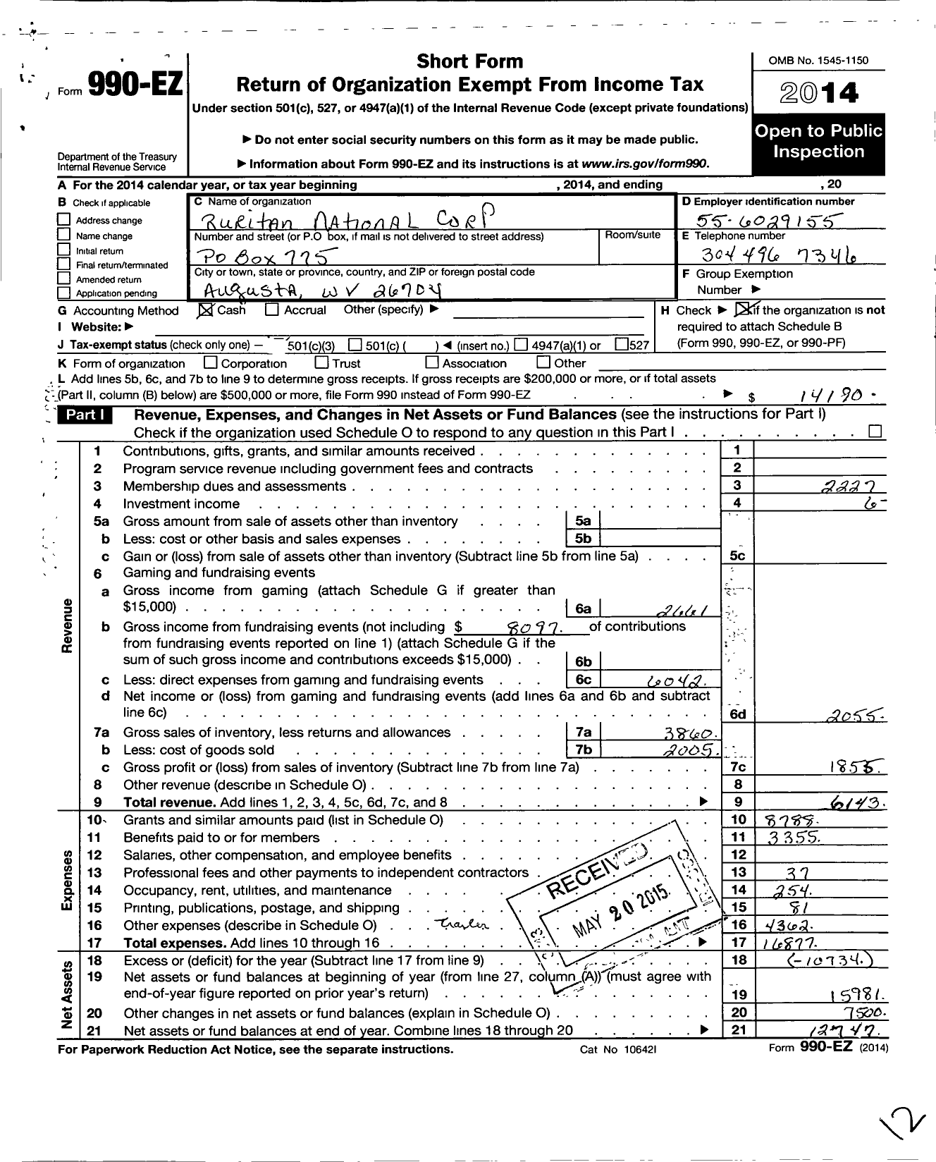 Image of first page of 2014 Form 990EO for Ruritan - Augusta W Va