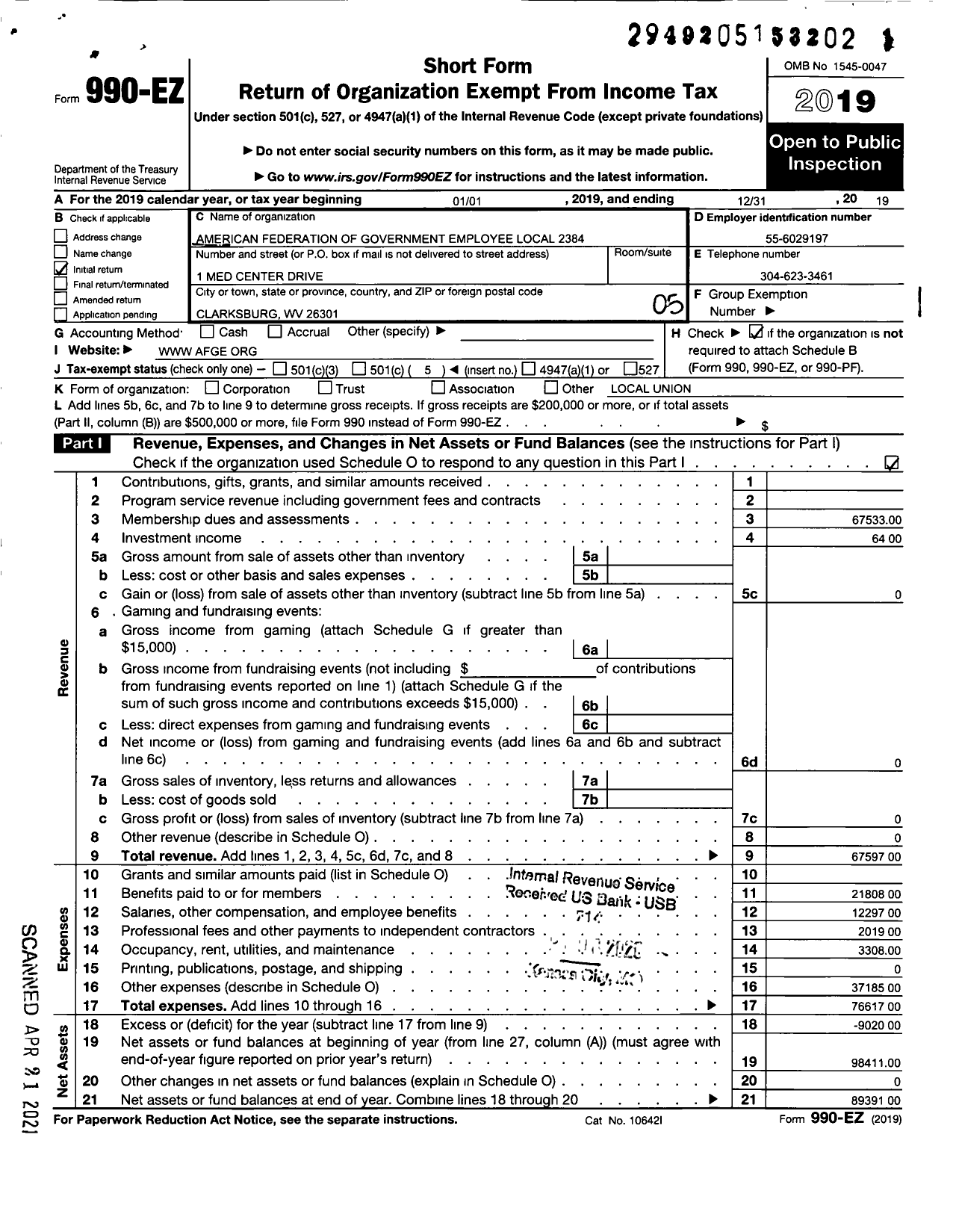 Image of first page of 2019 Form 990EO for American Federation of Government Employees - 2384 Afge Va Local