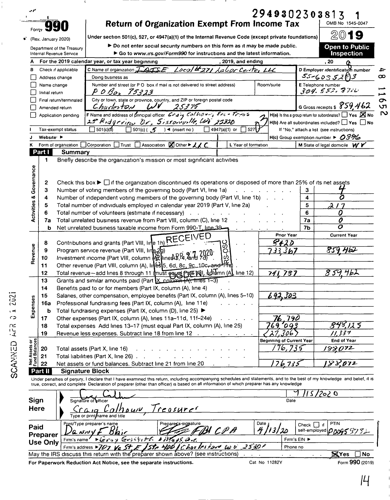 Image of first page of 2019 Form 990 for IATSE Local Number 271 Labor Center