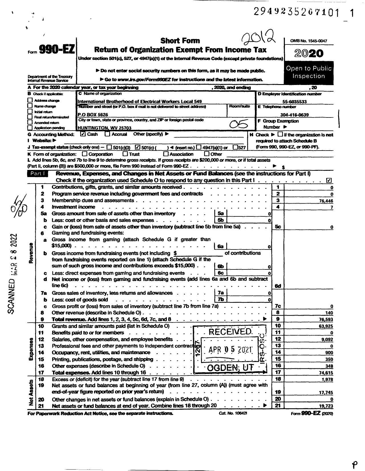 Image of first page of 2020 Form 990EO for International Brotherhood of Electrical Workers - 549 Local Union