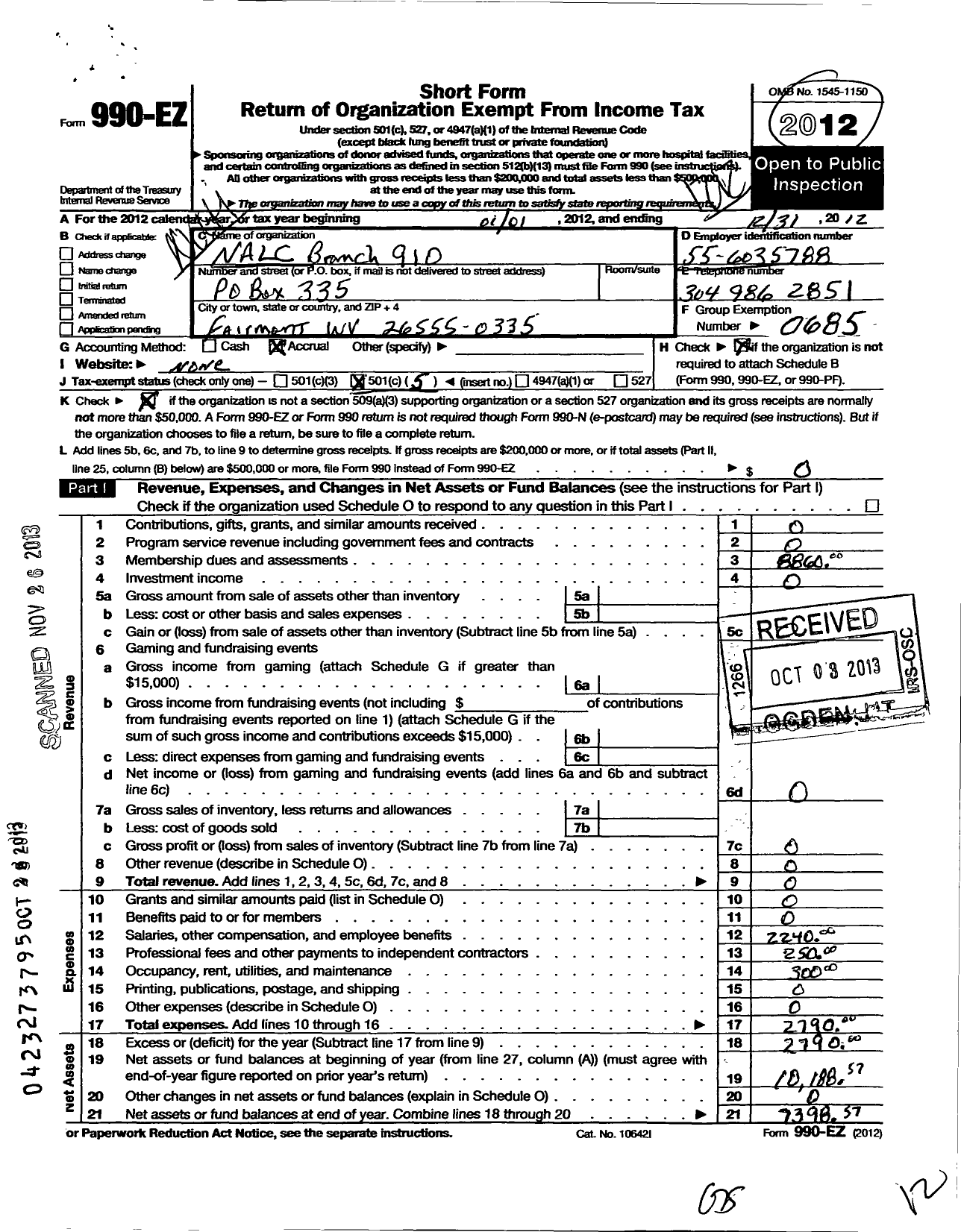 Image of first page of 2012 Form 990EO for National Association of Letter Carriers - 910 Fairmont West Virginia