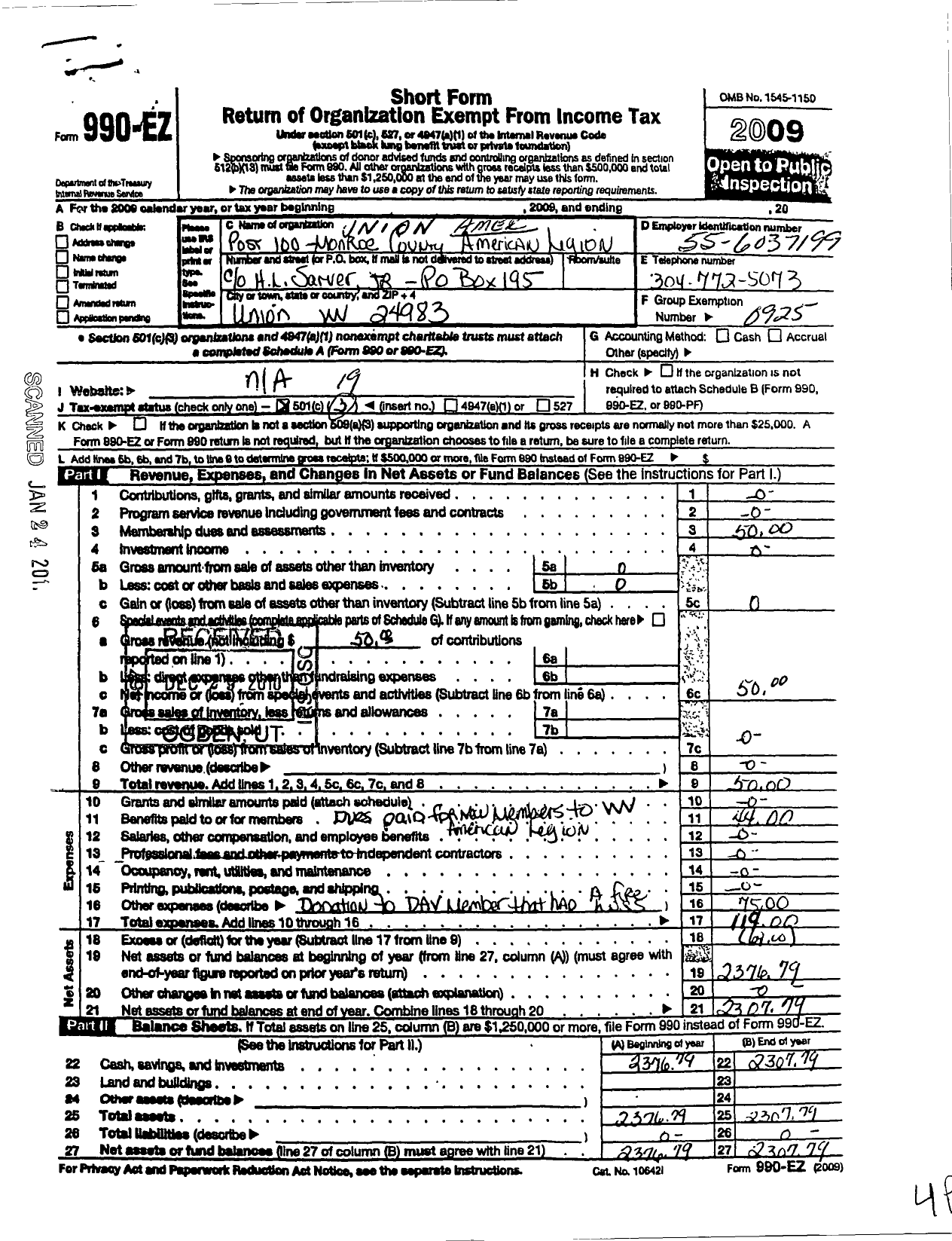 Image of first page of 2009 Form 990EO for American Legion 100 Monroe County Post