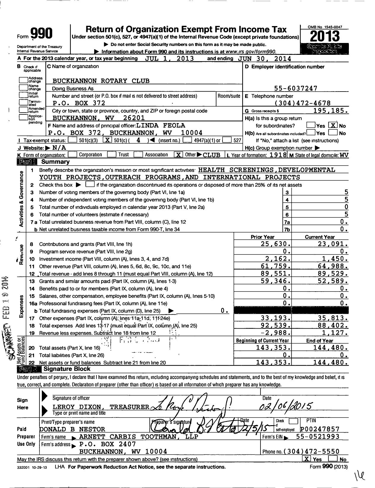 Image of first page of 2013 Form 990O for Rotary International - Buckhannon