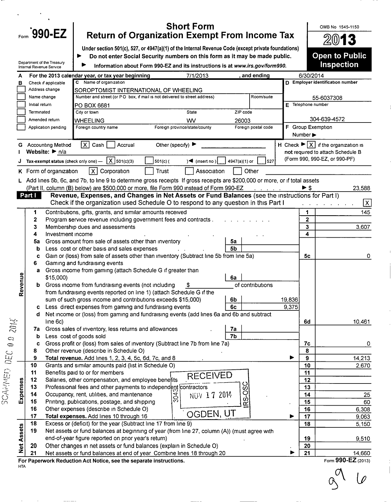 Image of first page of 2013 Form 990EZ for Soroptomist International of Wheeling