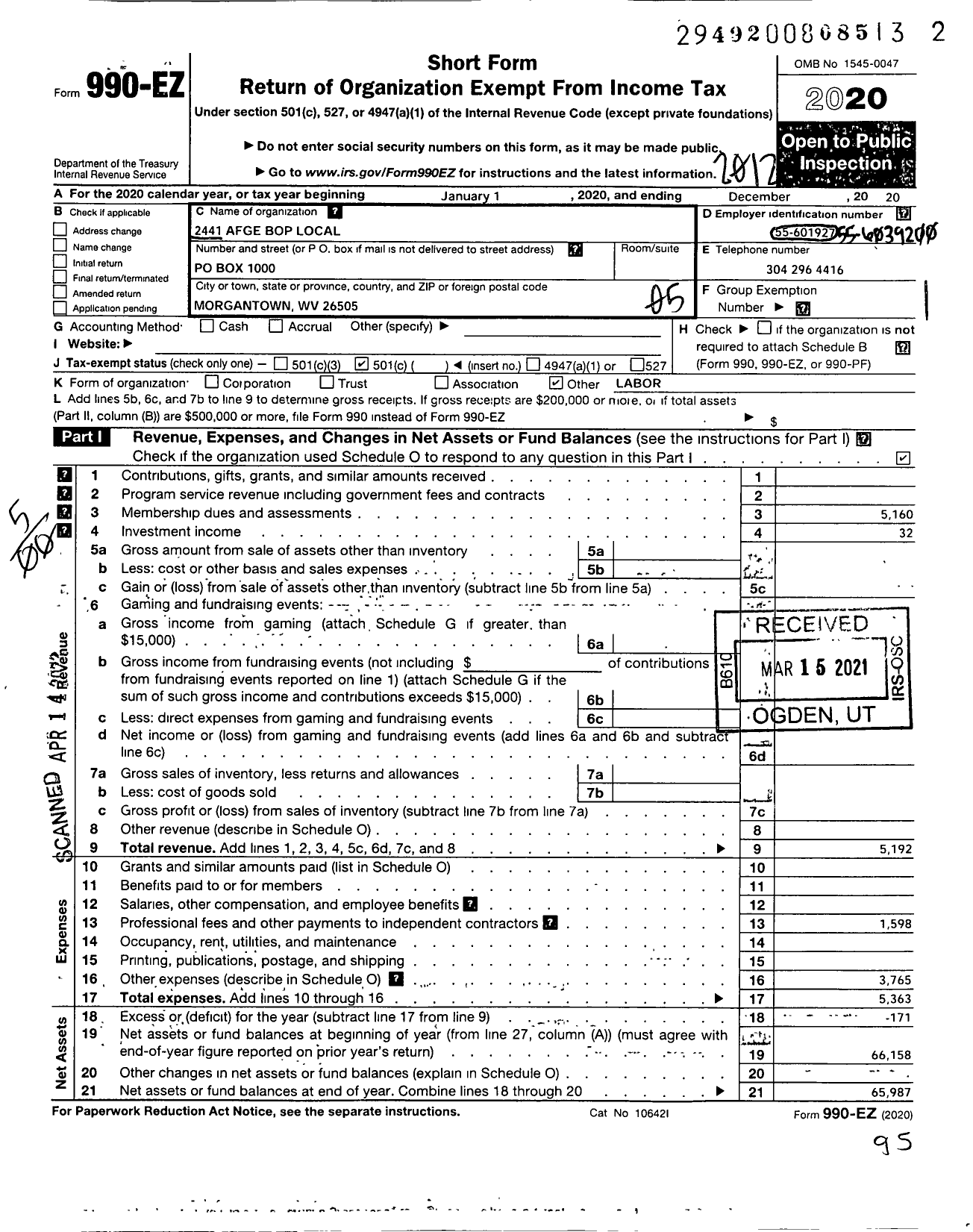 Image of first page of 2020 Form 990EO for American Federation of Government Employees - 2441 Afge Bop Local