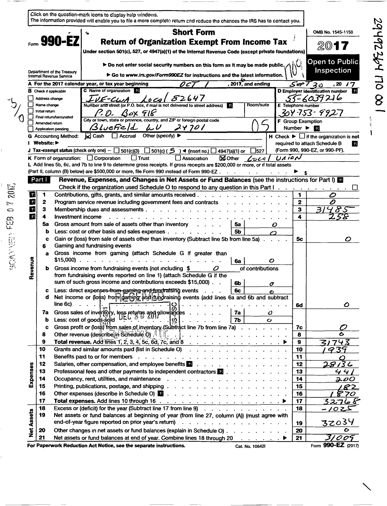 Image of first page of 2016 Form 990EO for Communications Workers of America - 82647 Cwa Local