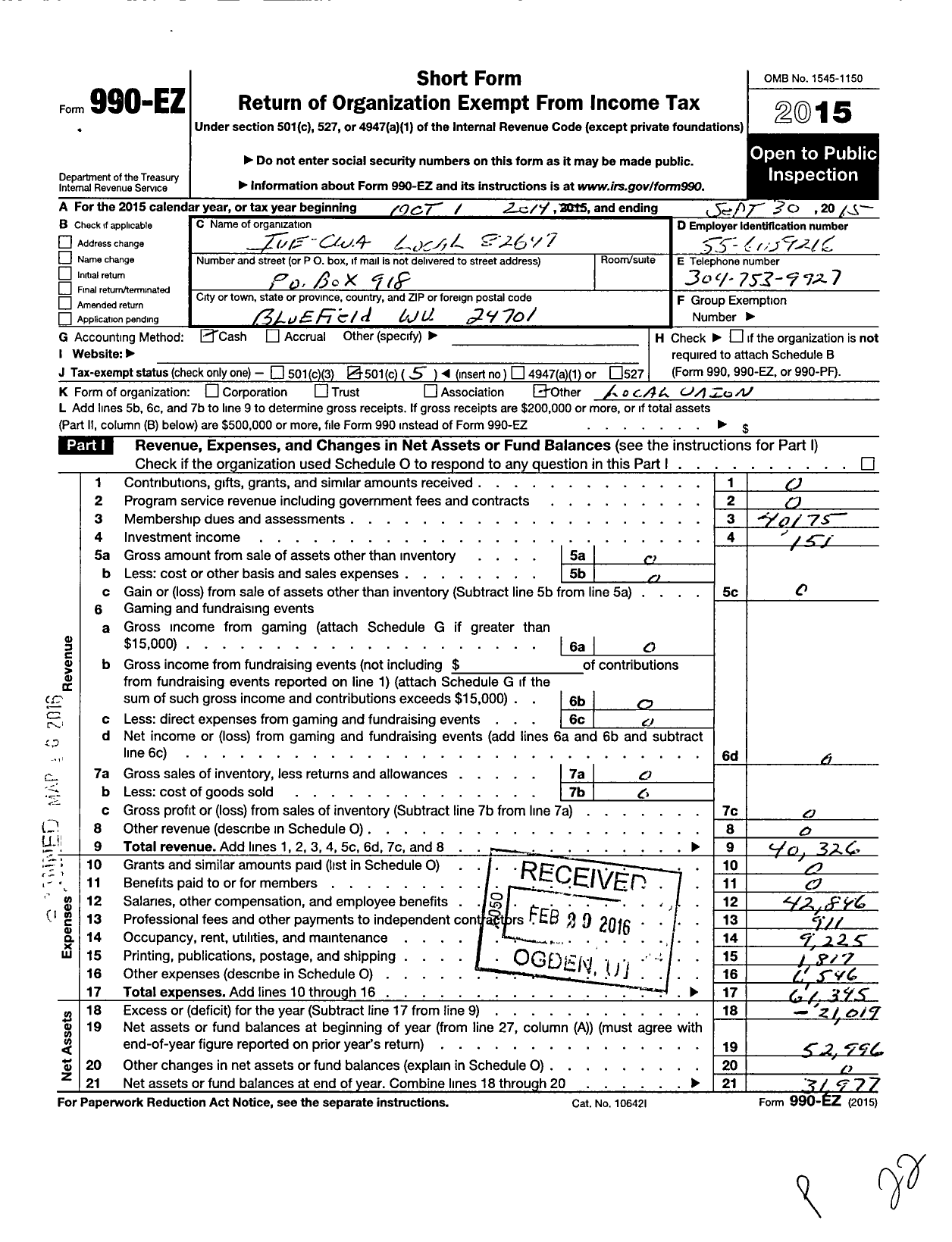 Image of first page of 2014 Form 990EO for Communications Workers of America - 82647 Cwa Local