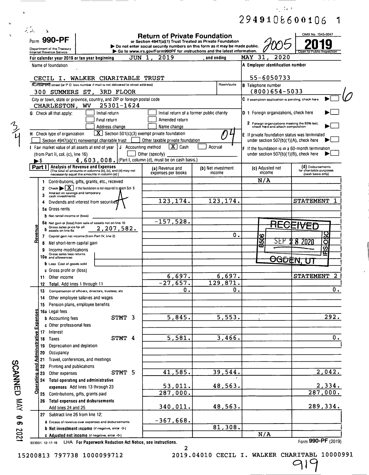 Image of first page of 2019 Form 990PF for Cecil I Walker Charitable Trust