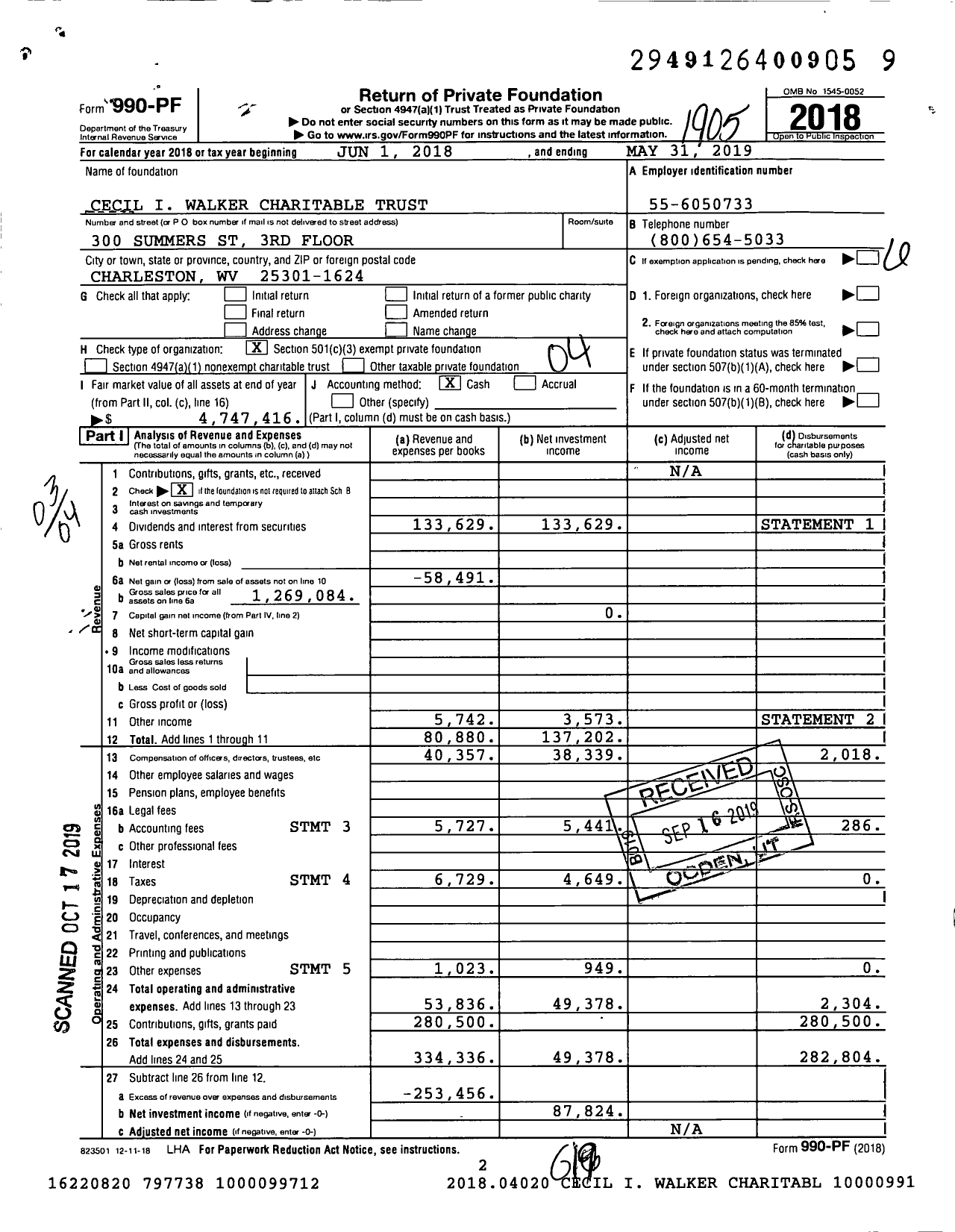 Image of first page of 2018 Form 990PF for Cecil I Walker Charitable Trust