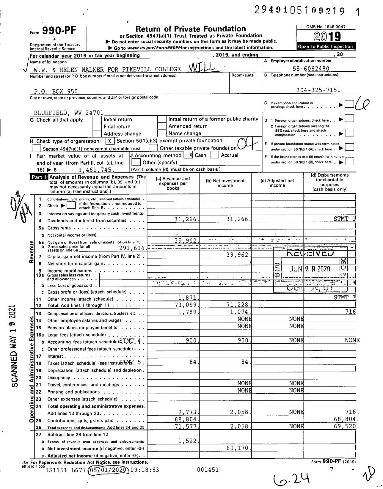 Image of first page of 2019 Form 990PF for WW and Helen Walker for Pikevill College