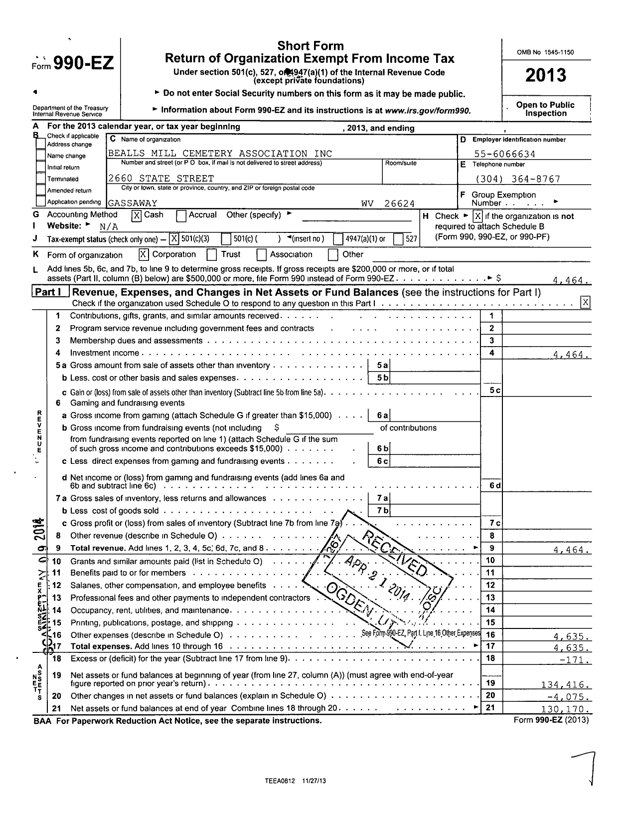 Image of first page of 2013 Form 990EZ for The Beall's Mill Cemetery Association