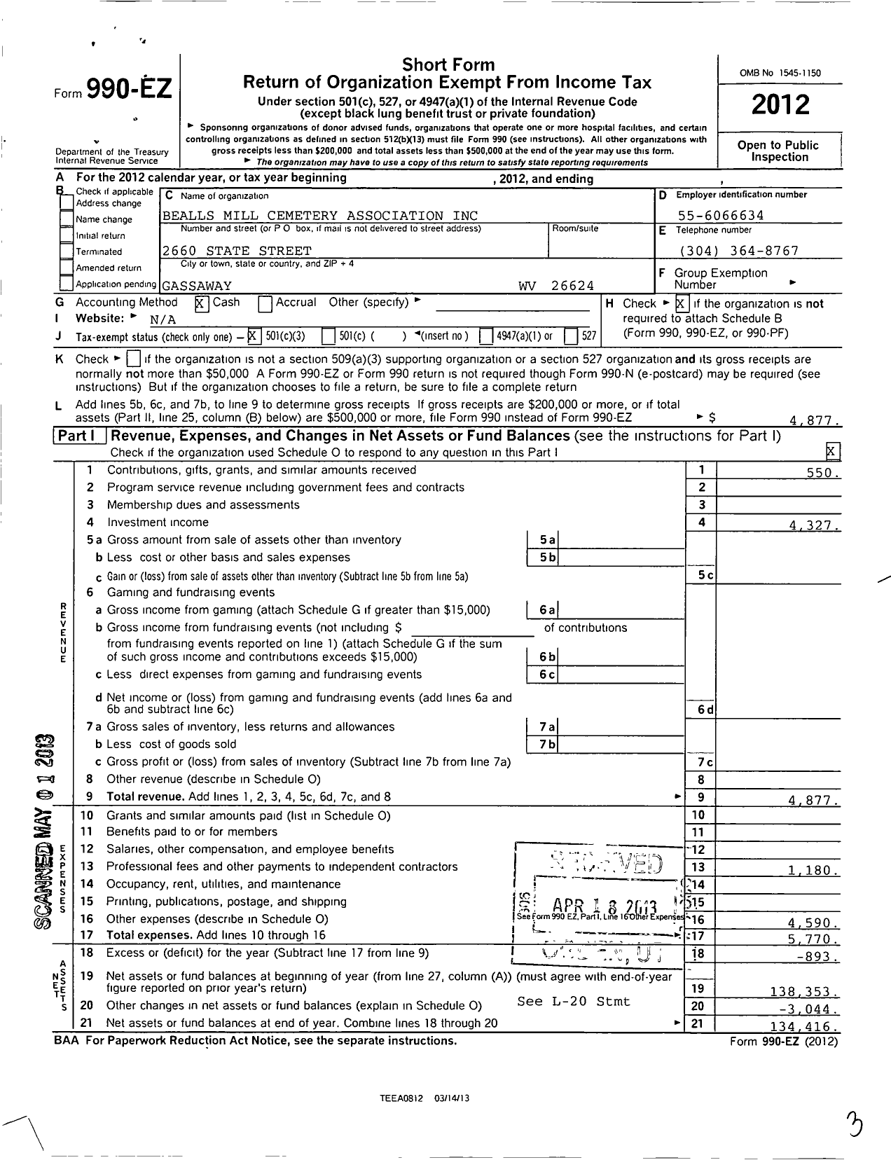 Image of first page of 2012 Form 990EZ for The Beall's Mill Cemetery Association