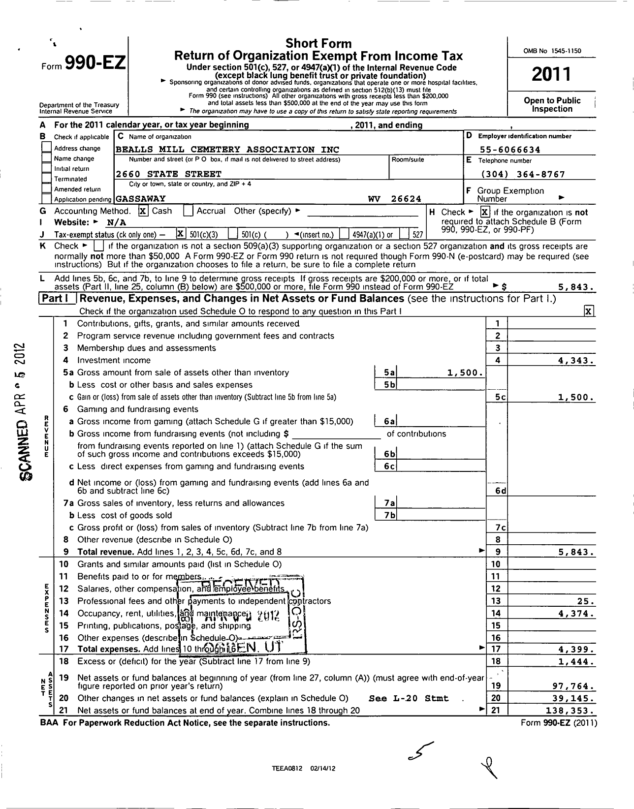 Image of first page of 2011 Form 990EZ for The Beall's Mill Cemetery Association