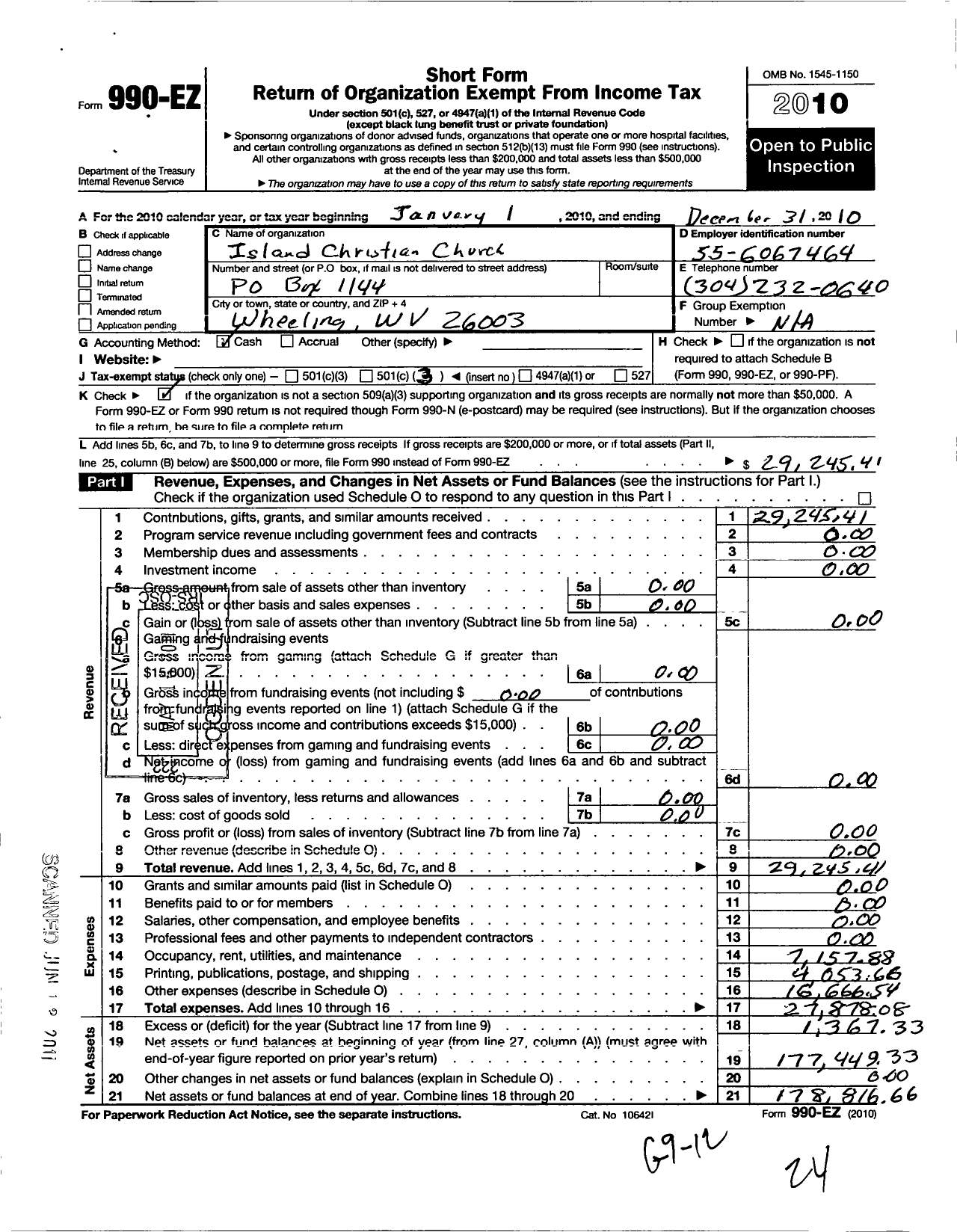 Image of first page of 2010 Form 990EZ for Island Christian Church