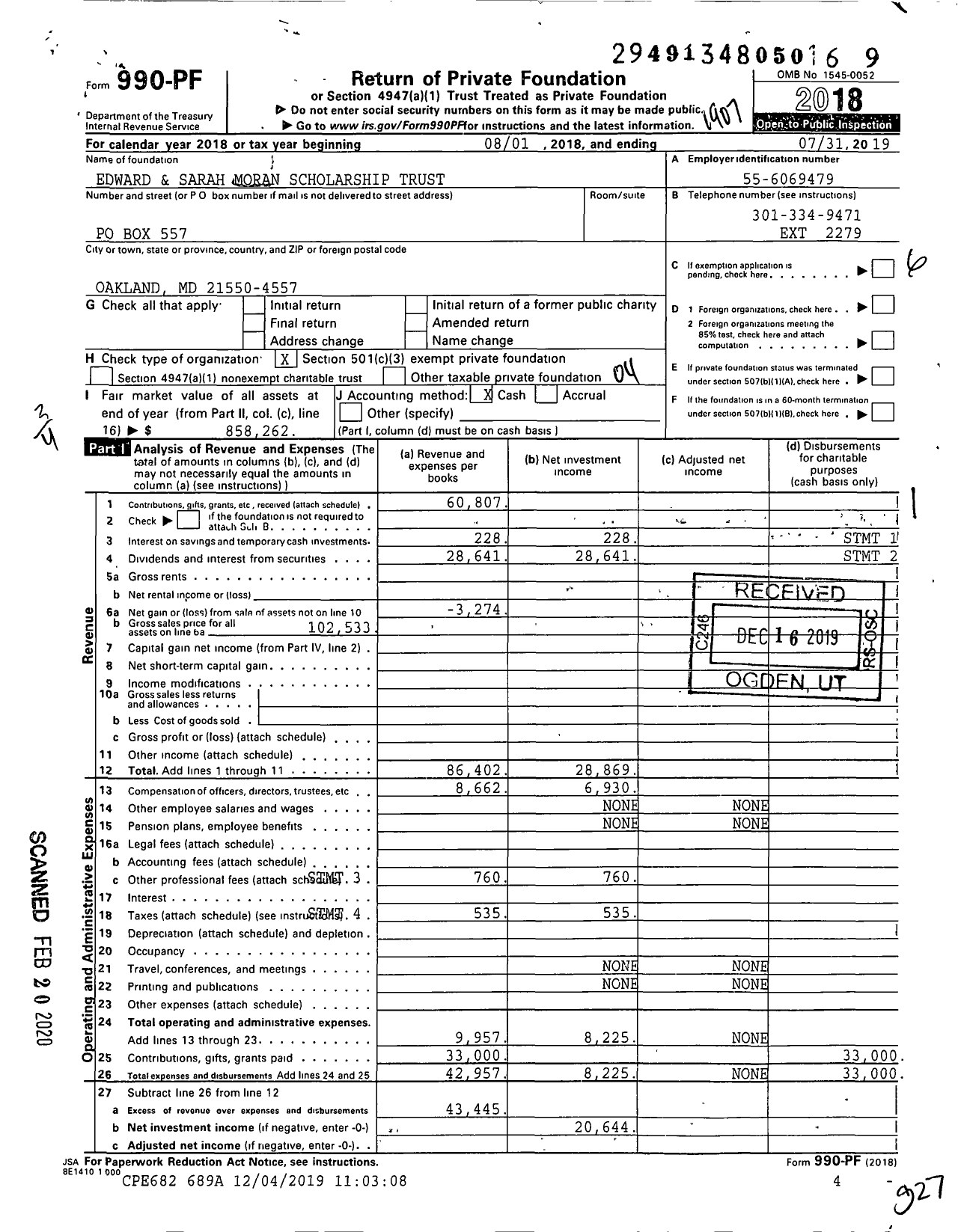 Image of first page of 2018 Form 990PF for Edward and Sarah Moran Scholarship Trust