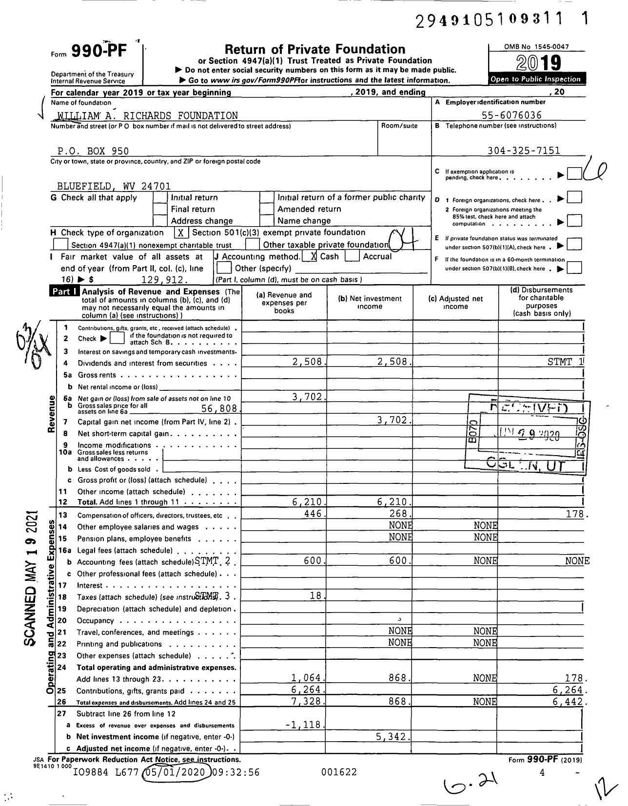 Image of first page of 2019 Form 990PF for William A Richards Foundation