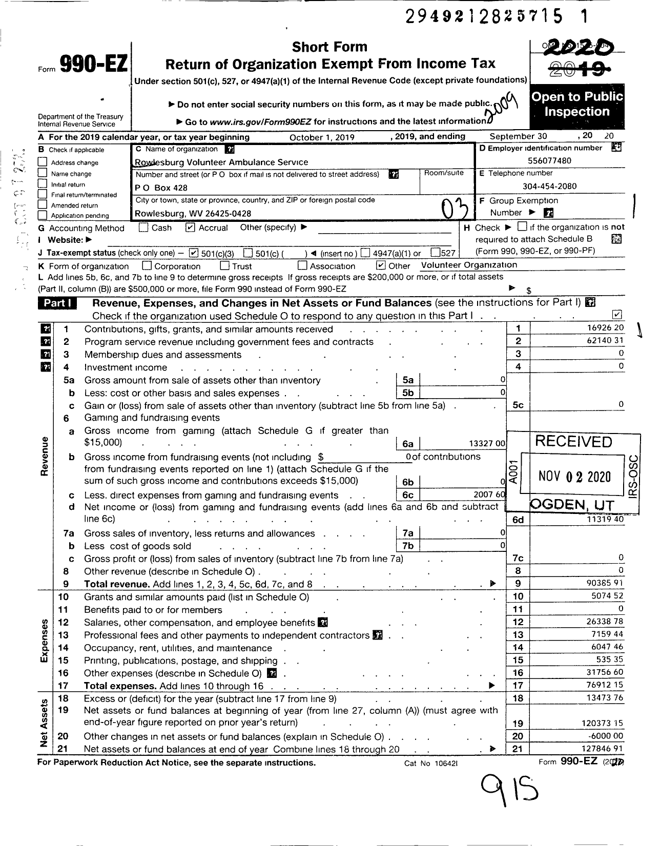 Image of first page of 2019 Form 990EZ for Rowlesburg Ambulance Service