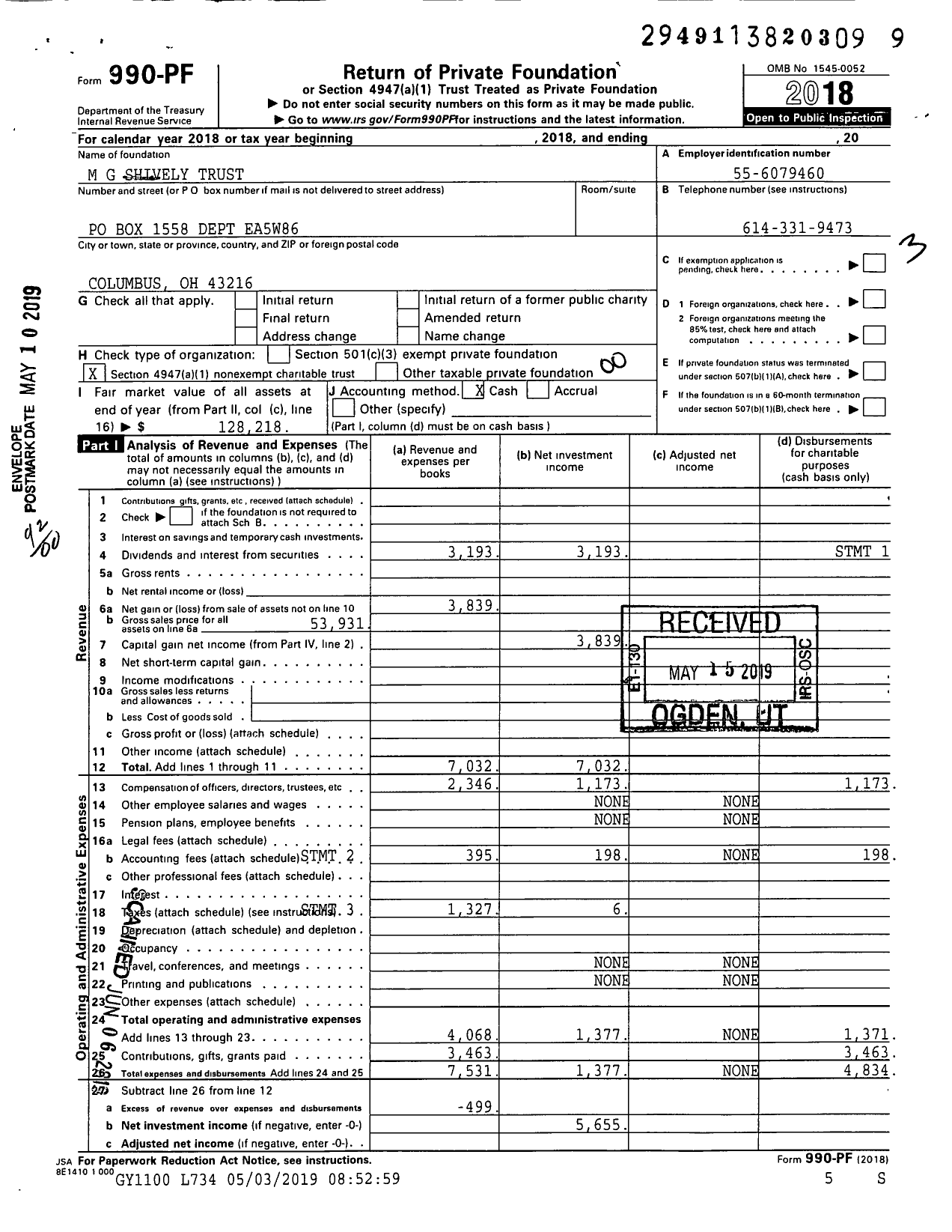 Image of first page of 2018 Form 990PF for M G Shively Trust