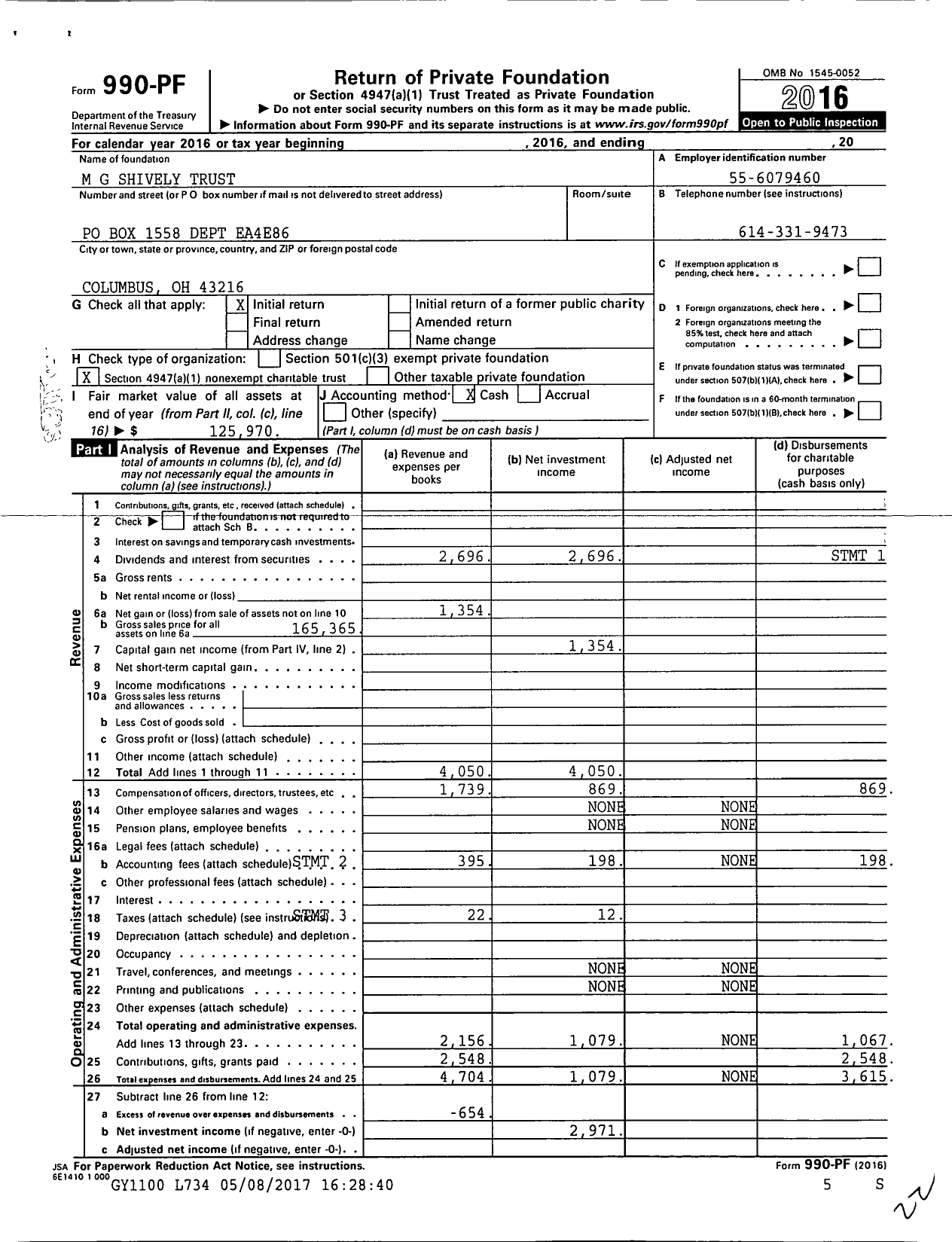 Image of first page of 2016 Form 990PF for M G Shively Trust