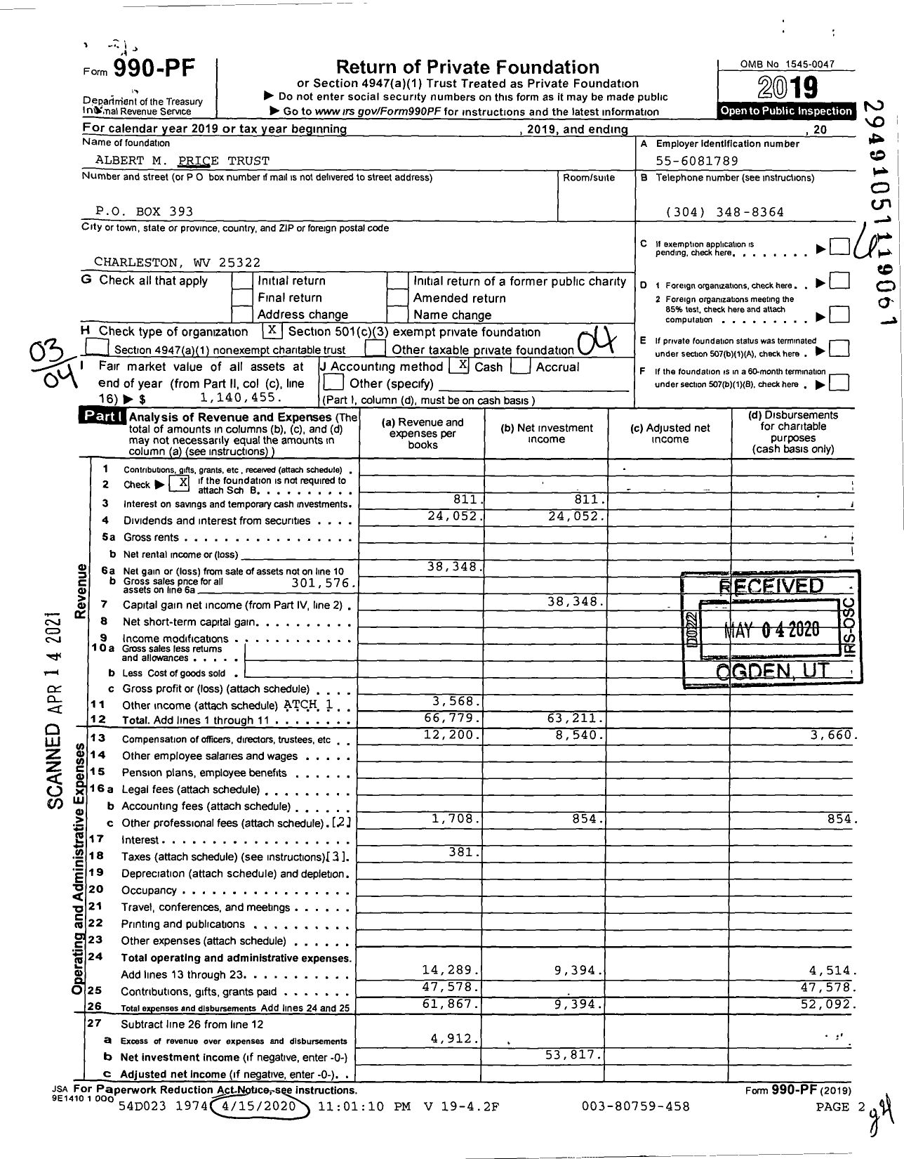 Image of first page of 2019 Form 990PF for Albert M Price Trust