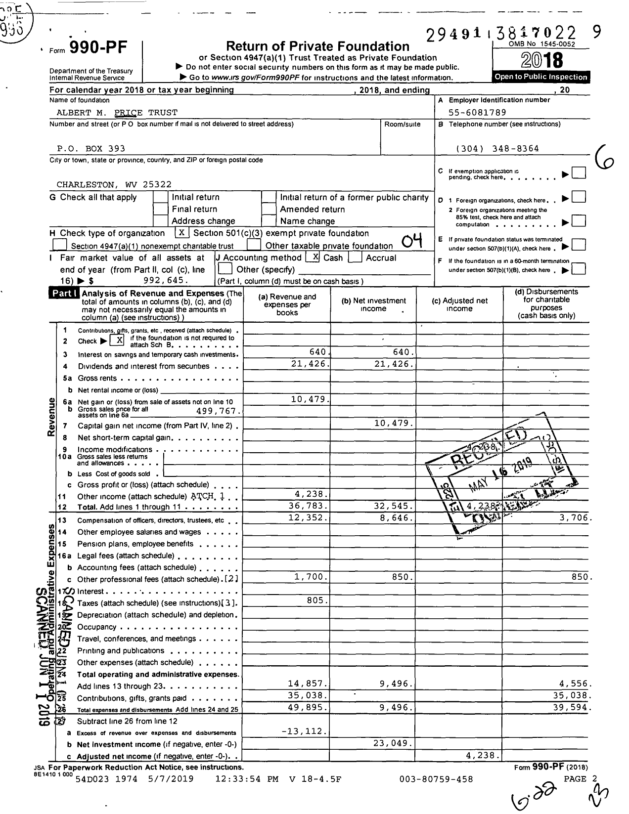 Image of first page of 2018 Form 990PF for Albert M Price Trust