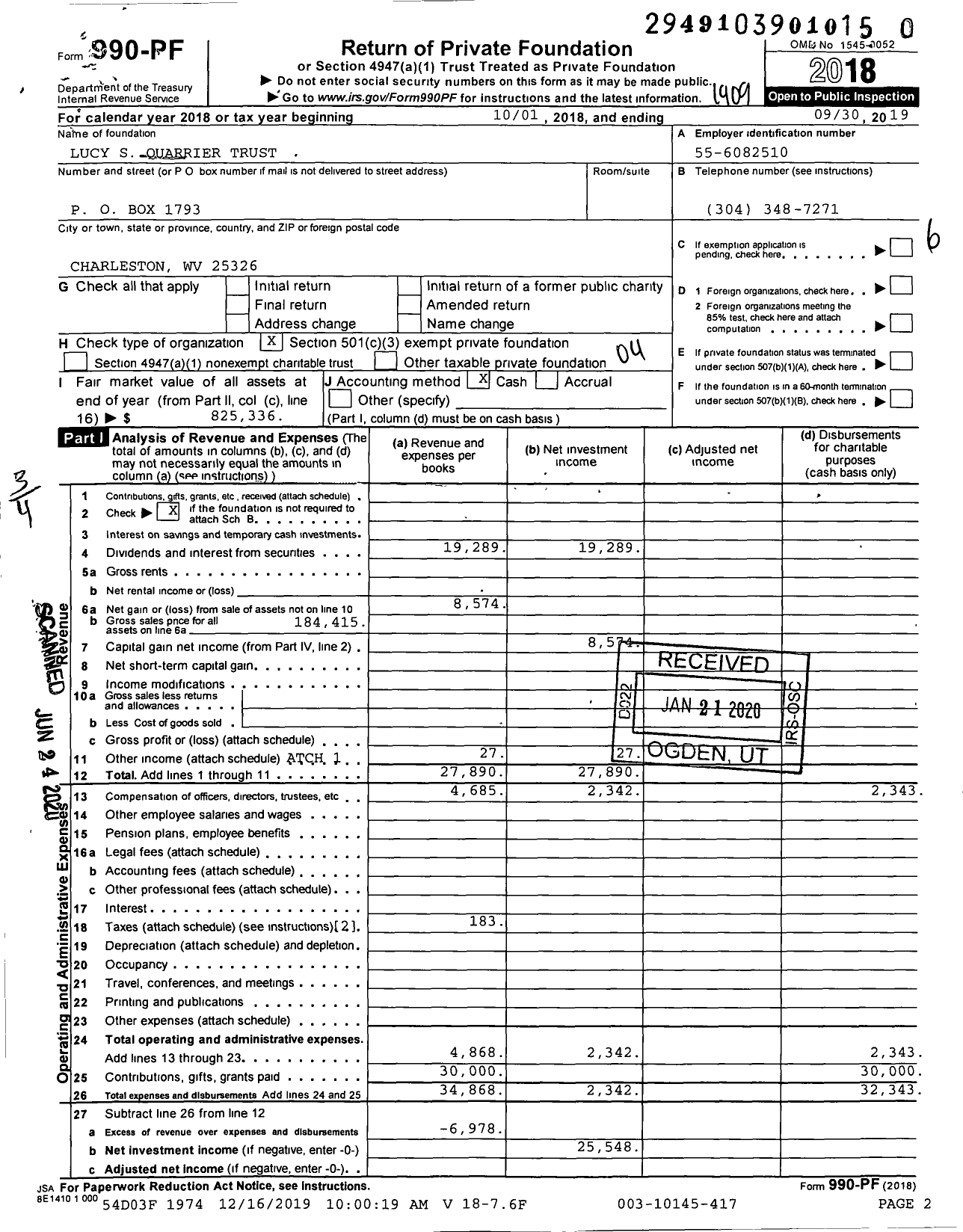 Image of first page of 2018 Form 990PR for Lucy S Quarrier Trust