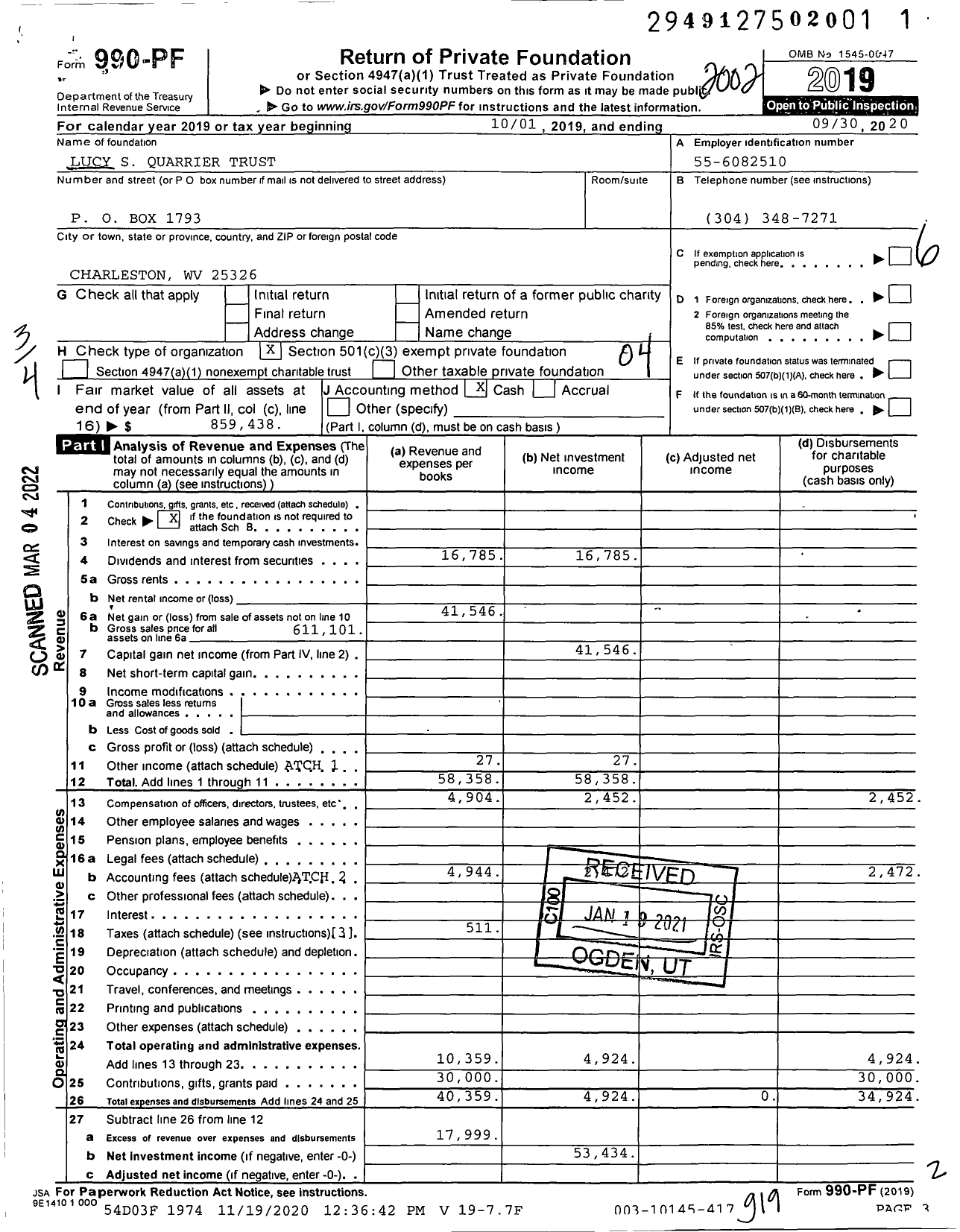 Image of first page of 2019 Form 990PF for Lucy S Quarrier Trust