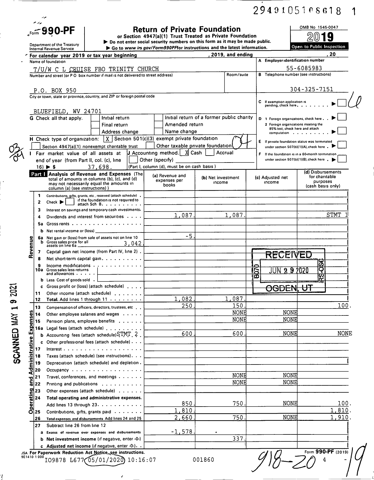 Image of first page of 2019 Form 990PF for Tuw C L Cruise Fbo Trinity Church