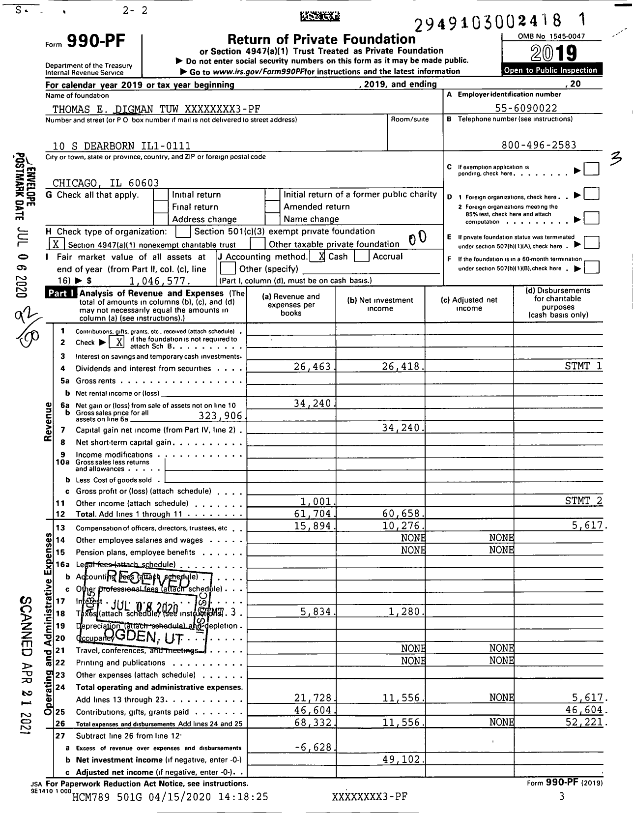 Image of first page of 2019 Form 990PF for Thomas E Digman Tuw XXXXX3003