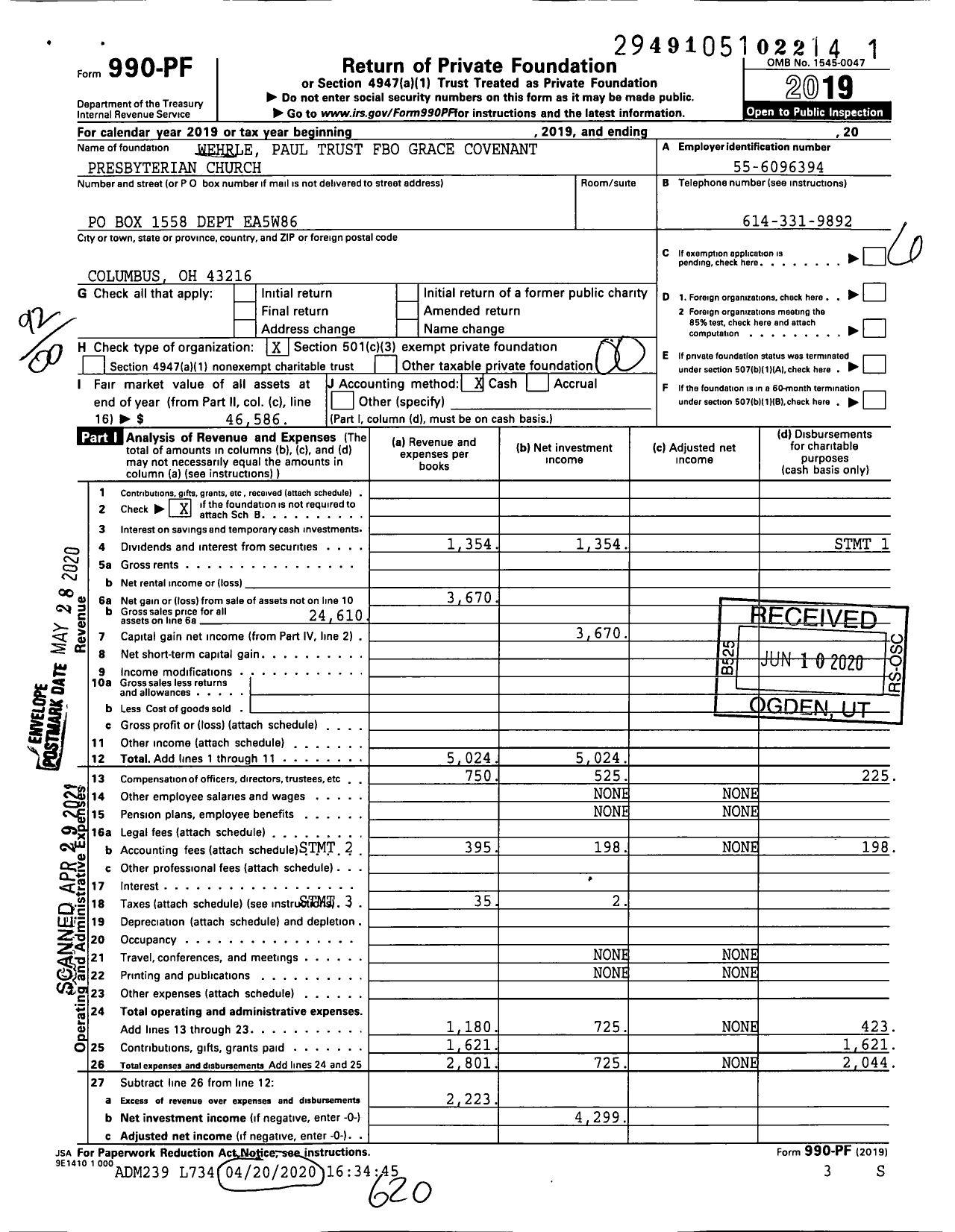 Image of first page of 2019 Form 990PF for Wehrle Paul Trust Fbo Grace Covenant